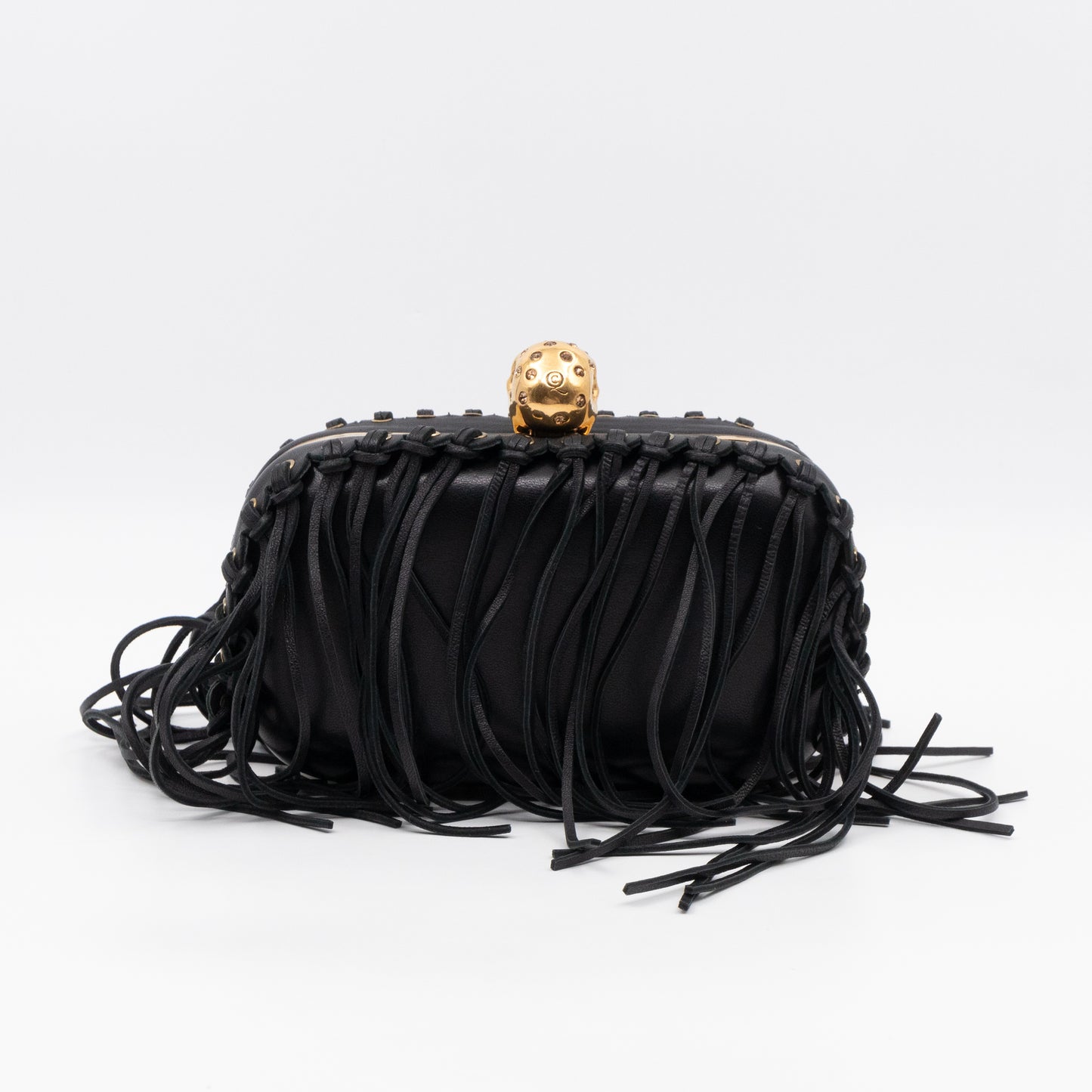 Skull Box Clutch Black Fringes Leather