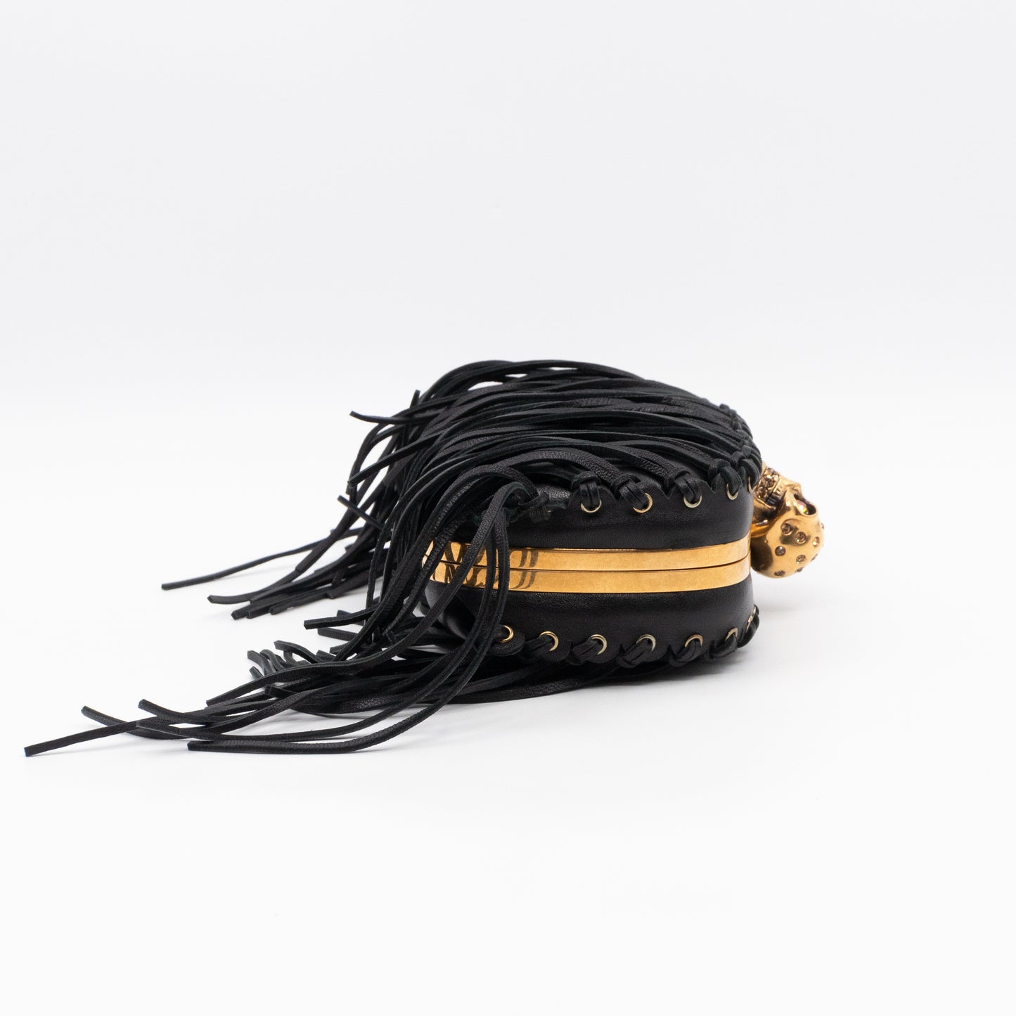 Skull Box Clutch Black Fringes Leather