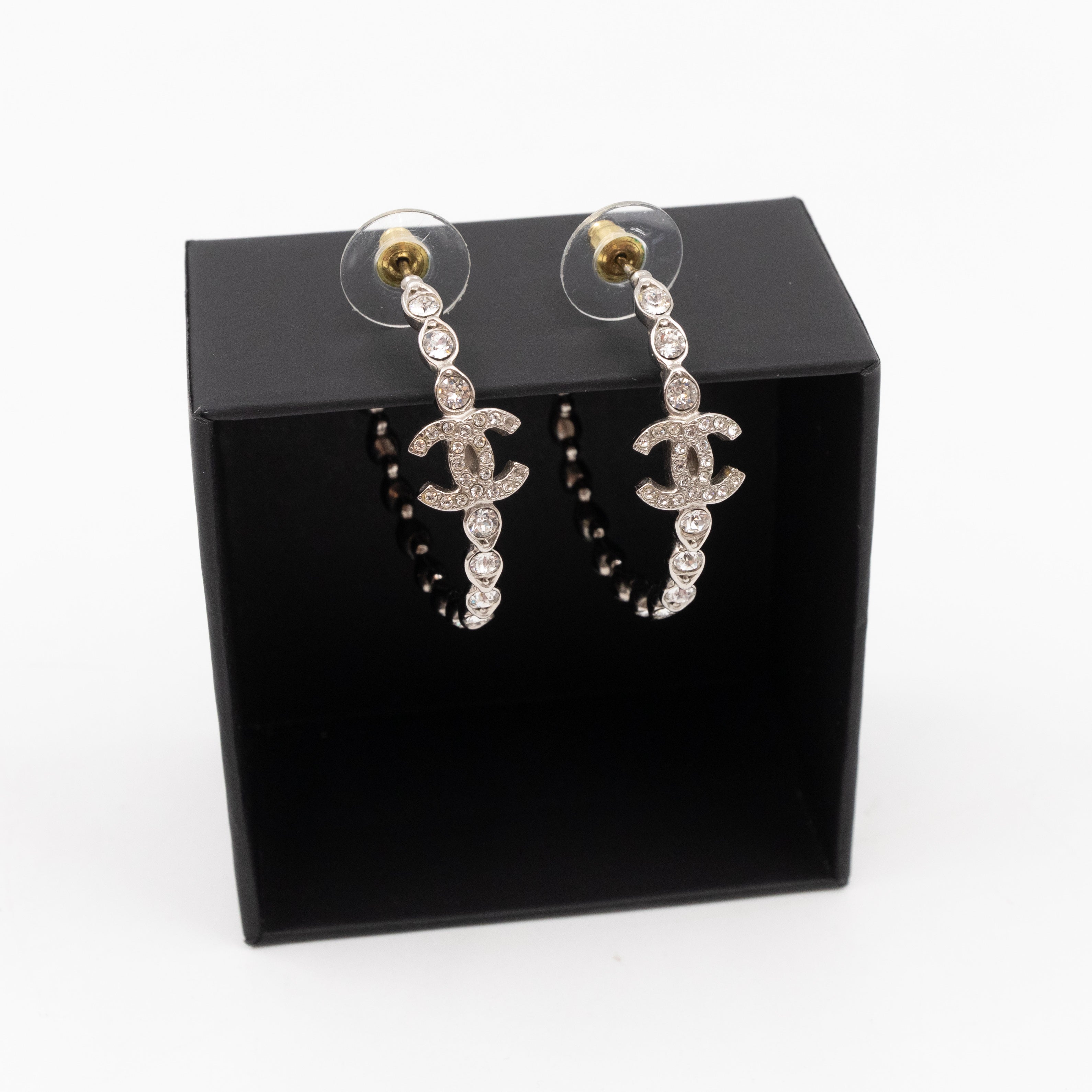 Silver & Crystal CC Logo Hoop Earrings