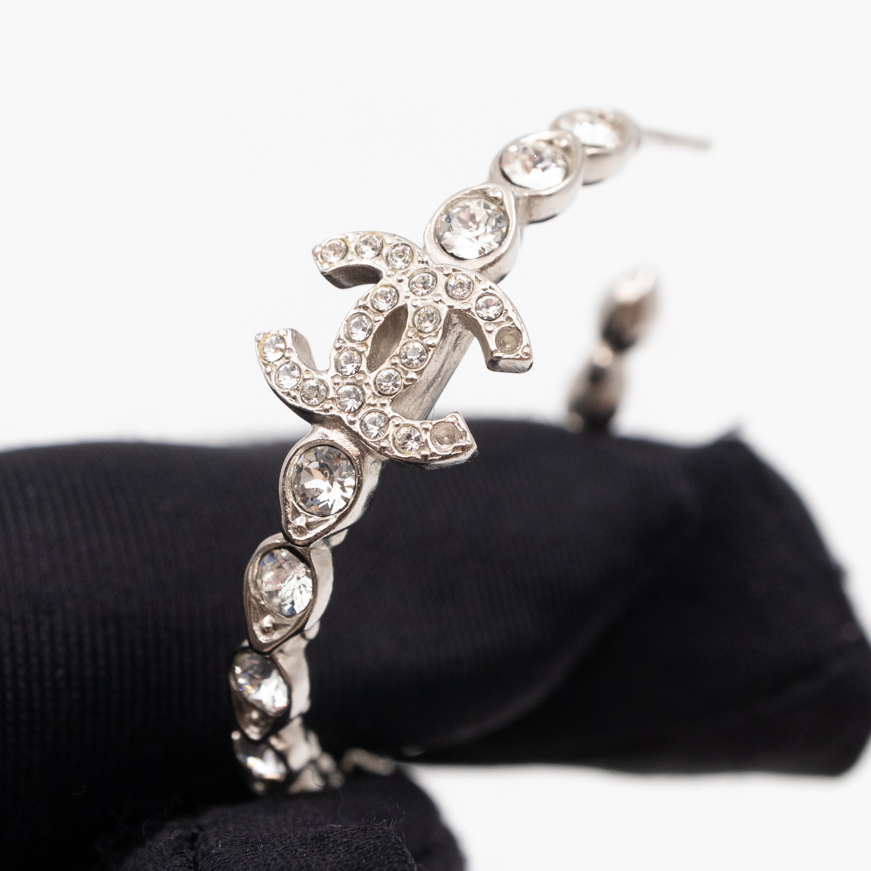 Silver & Crystal CC Logo Hoop Earrings