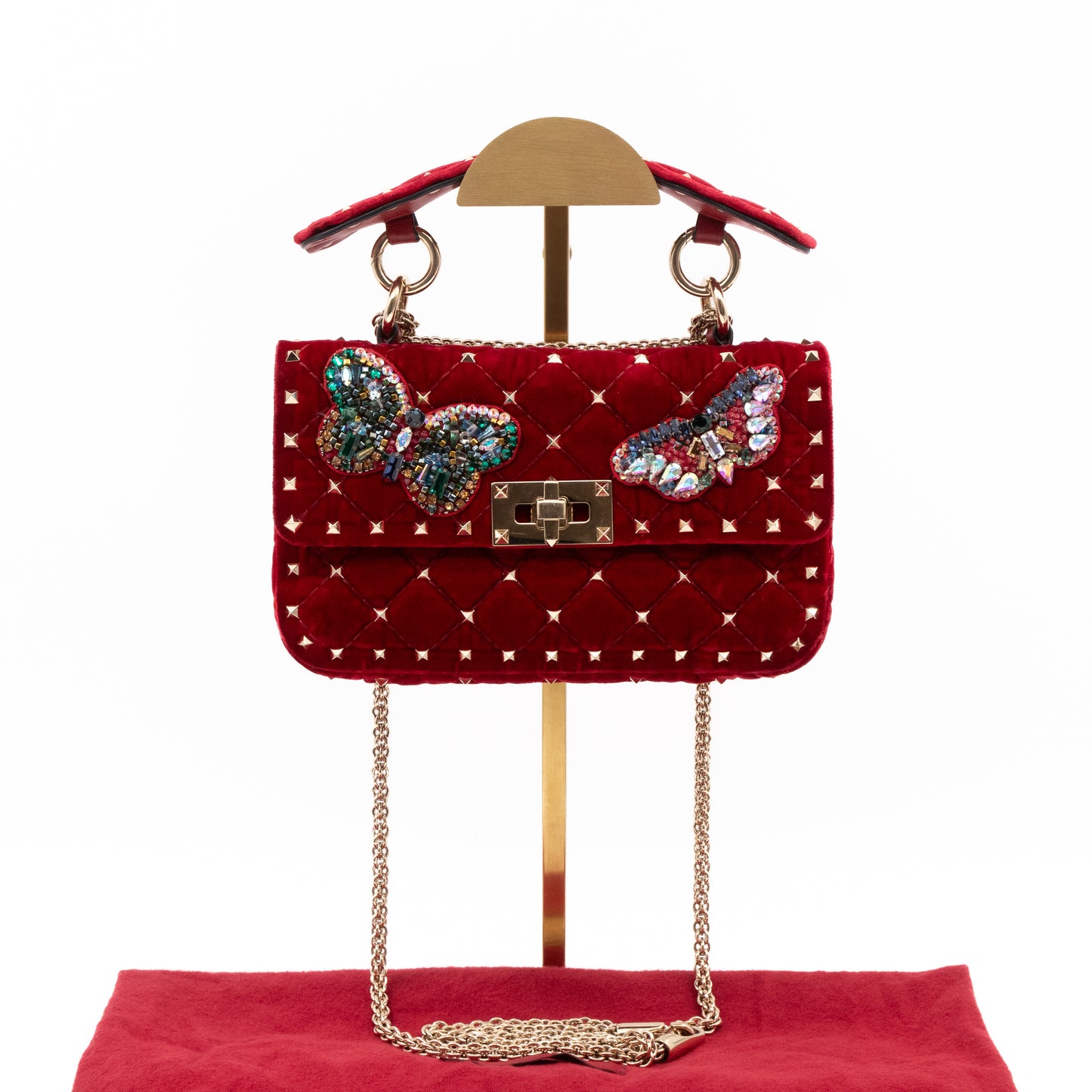 Rockstud Spike Small Bag Butterfly Embroidered Red Velvet