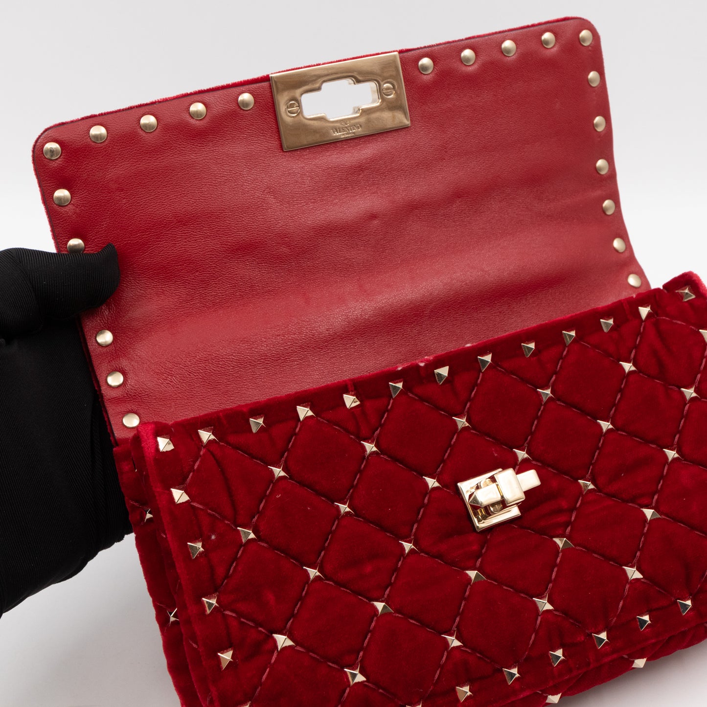 Rockstud Spike Small Bag Butterfly Embroidered Red Velvet