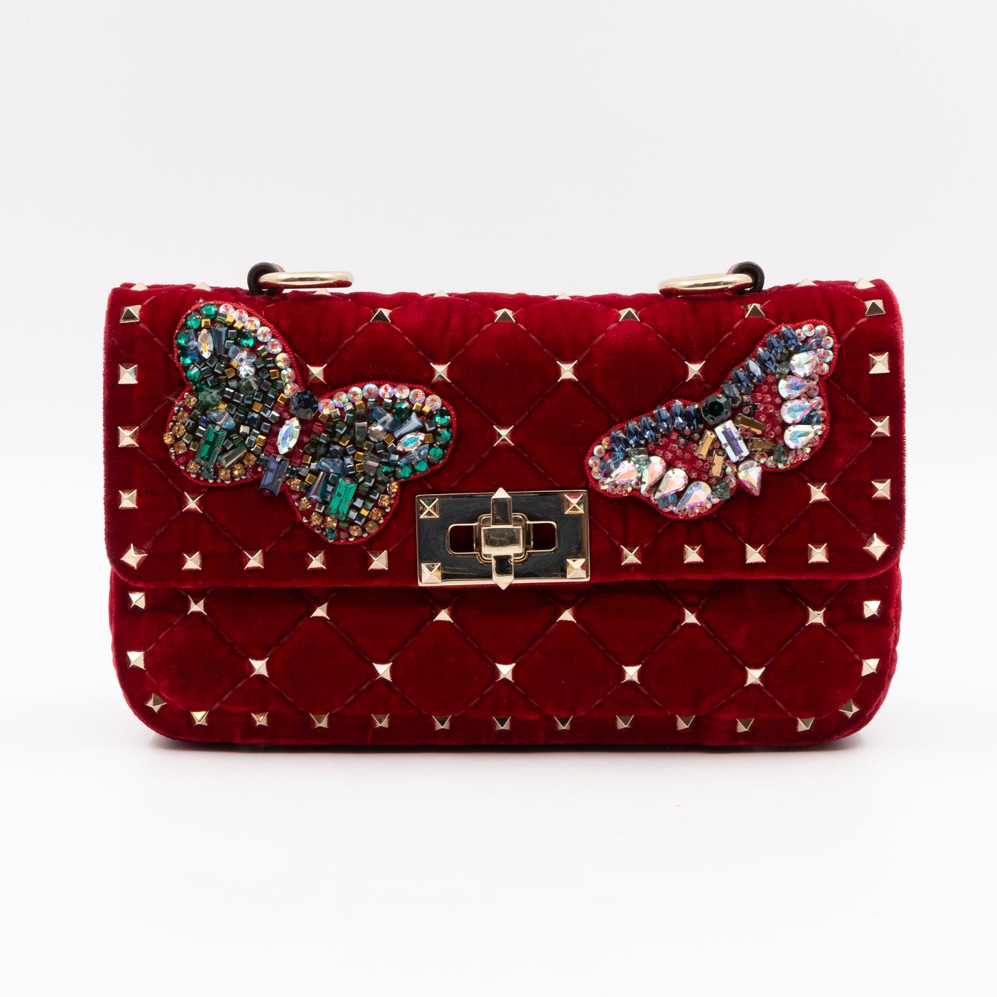 Rockstud Spike Small Bag Butterfly Embroidered Red Velvet