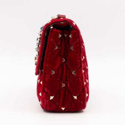 Rockstud Spike Small Bag Butterfly Embroidered Red Velvet