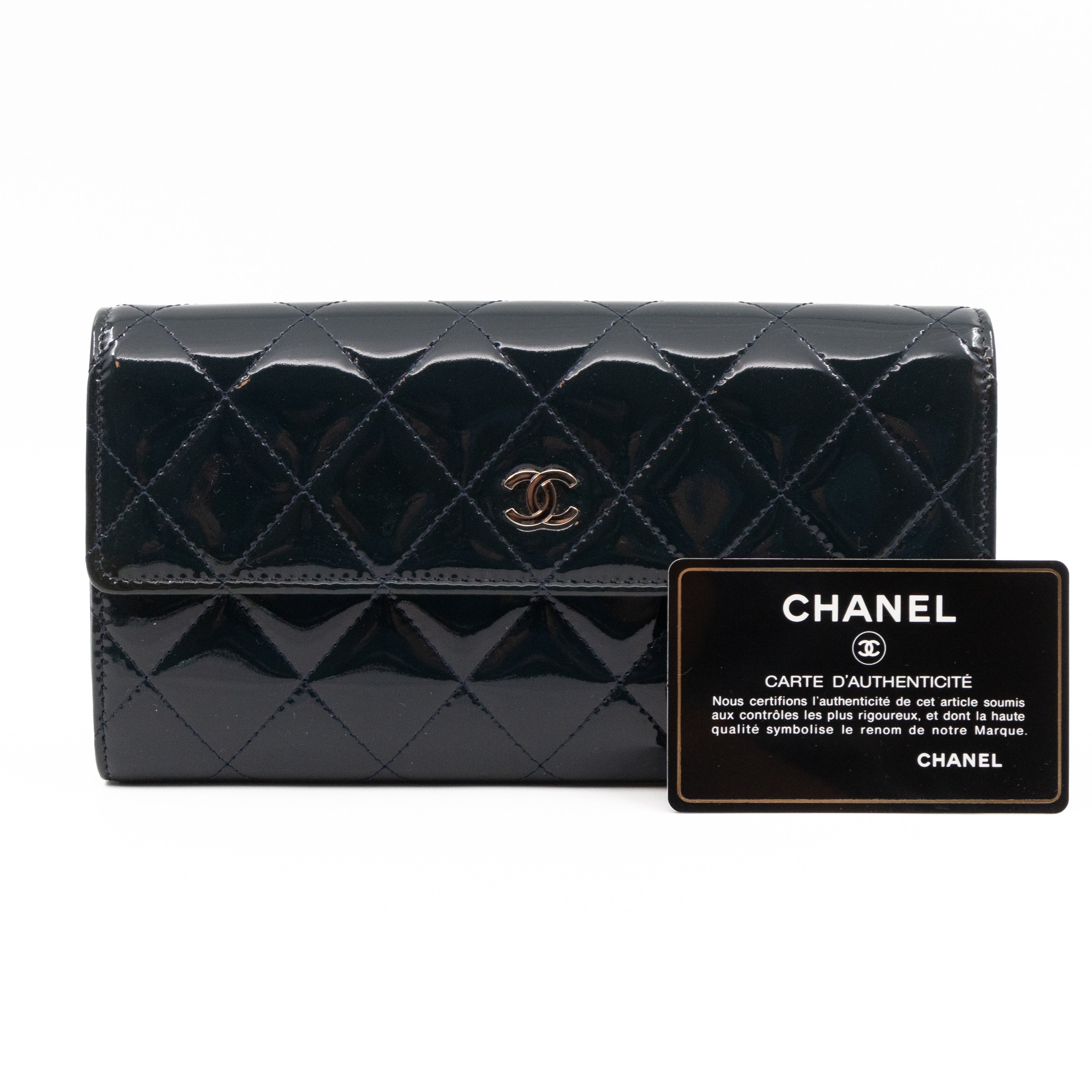 Large Flap Wallet Quilted Navy Patent Leather