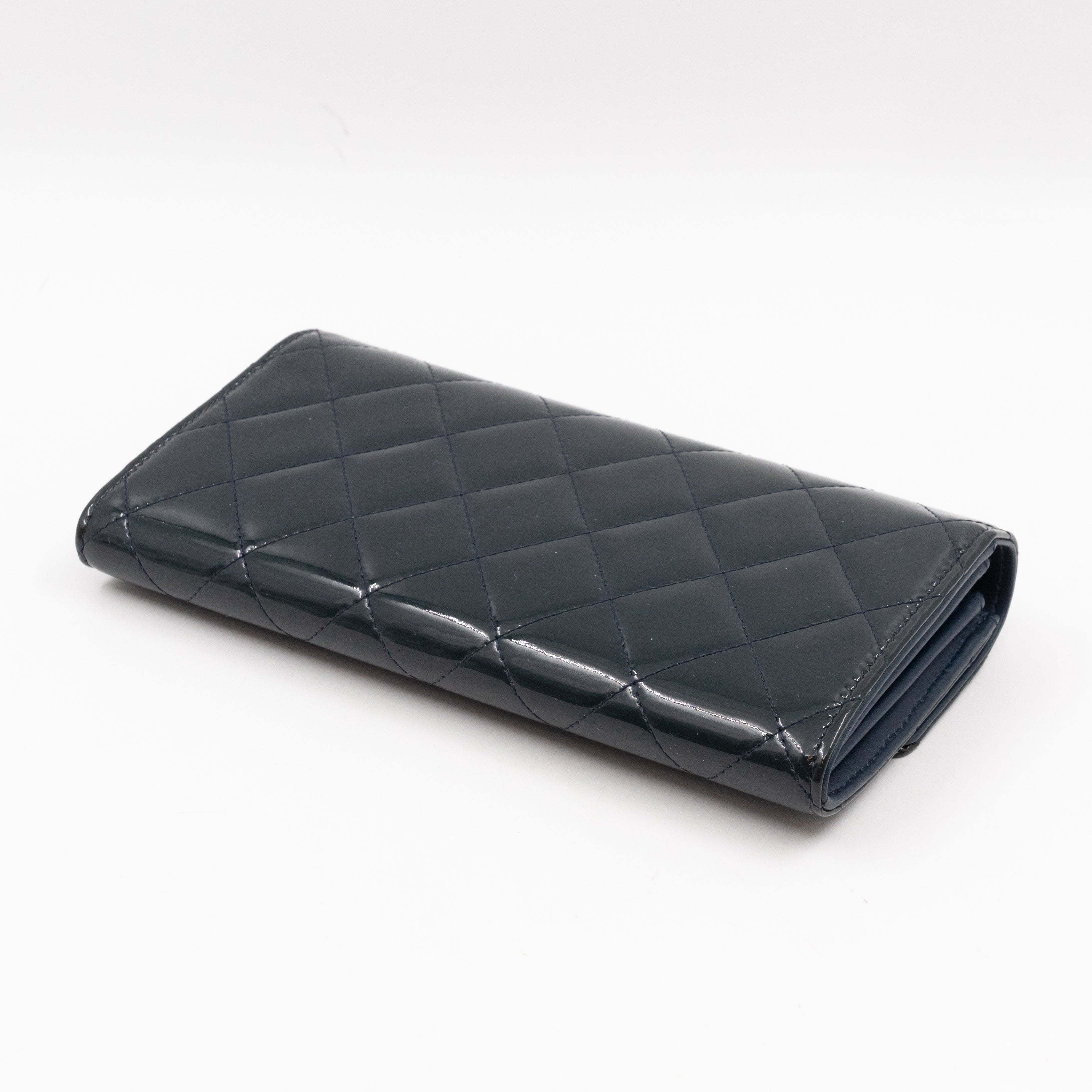 Large Flap Wallet Quilted Navy Patent Leather