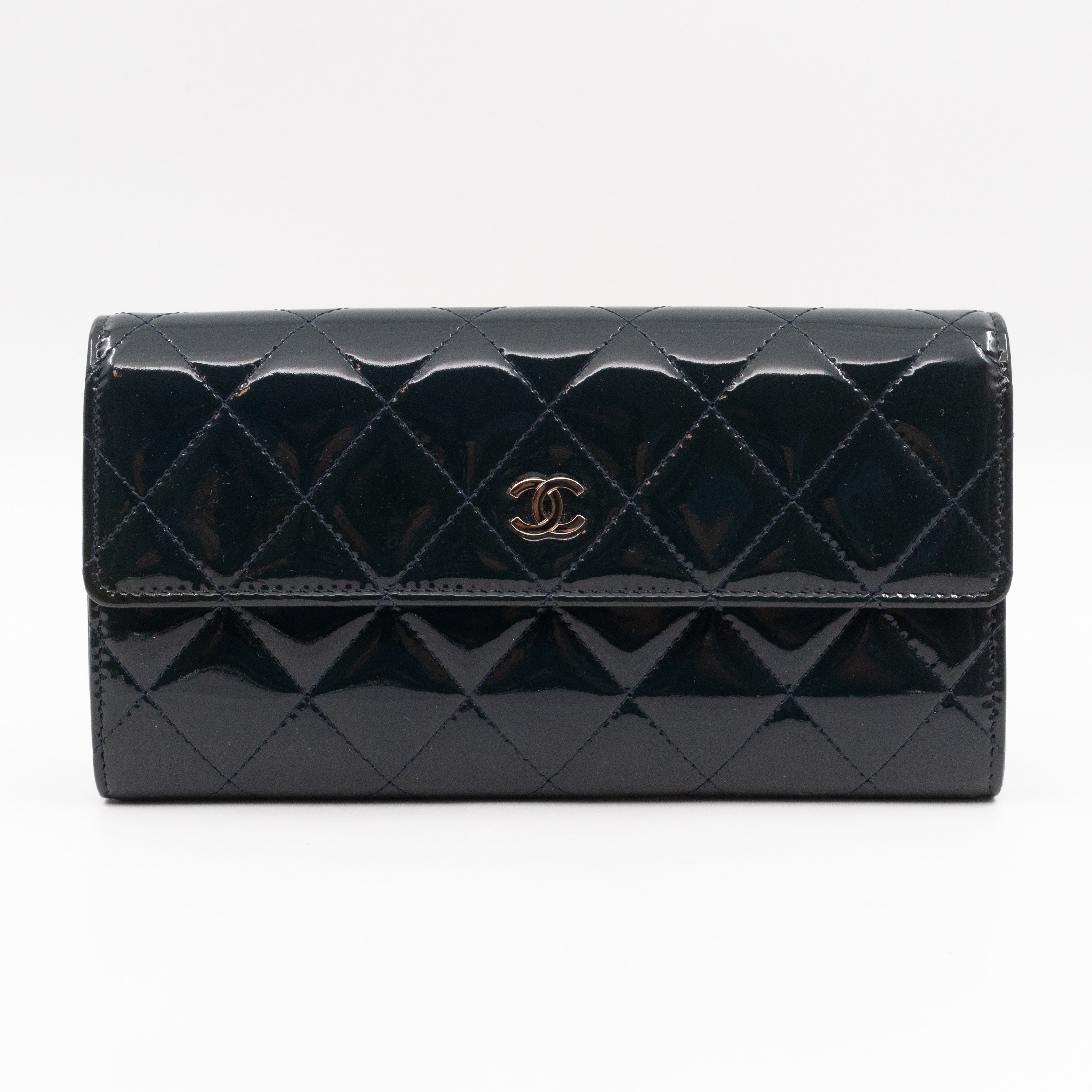 Large Flap Wallet Quilted Navy Patent Leather