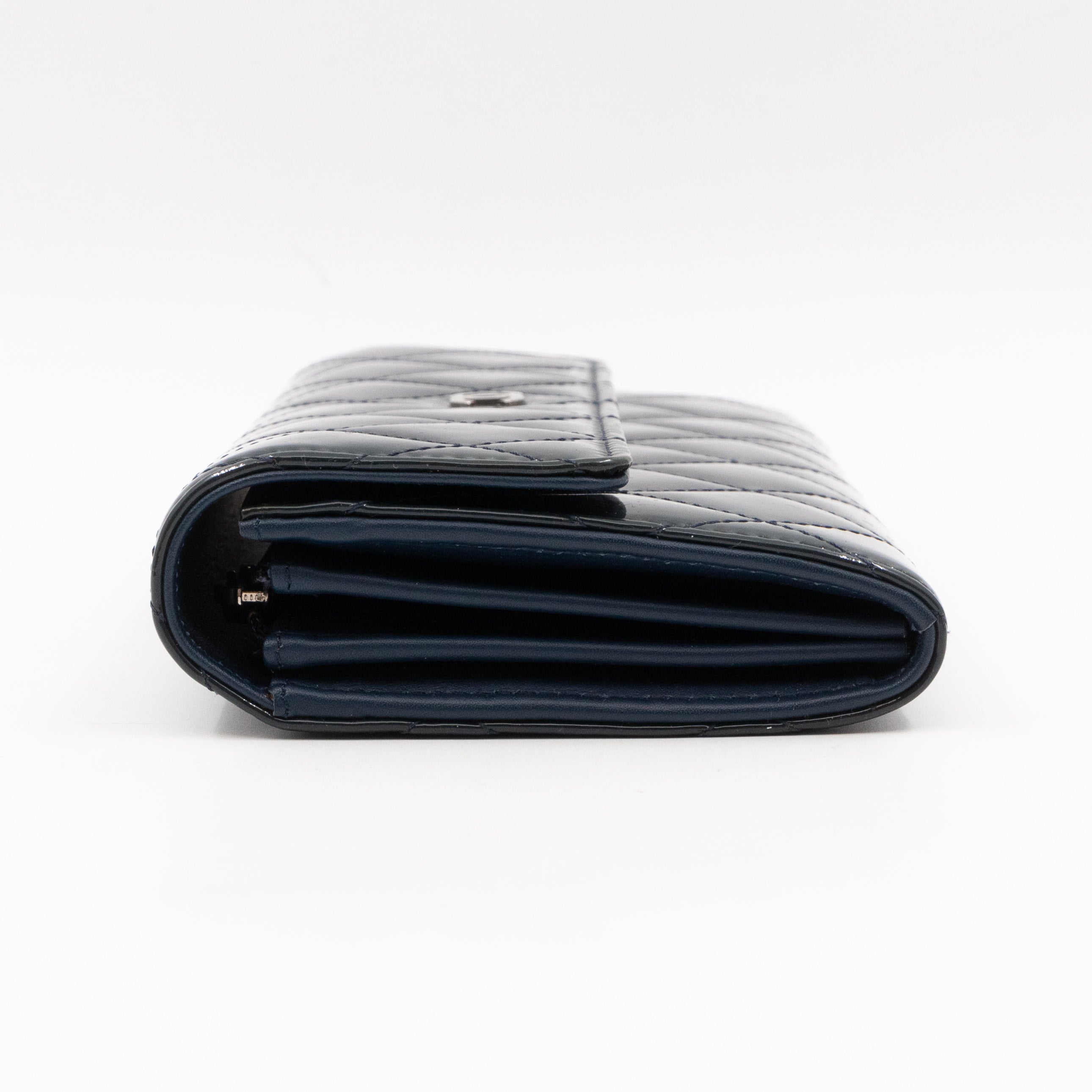 Large Flap Wallet Quilted Navy Patent Leather