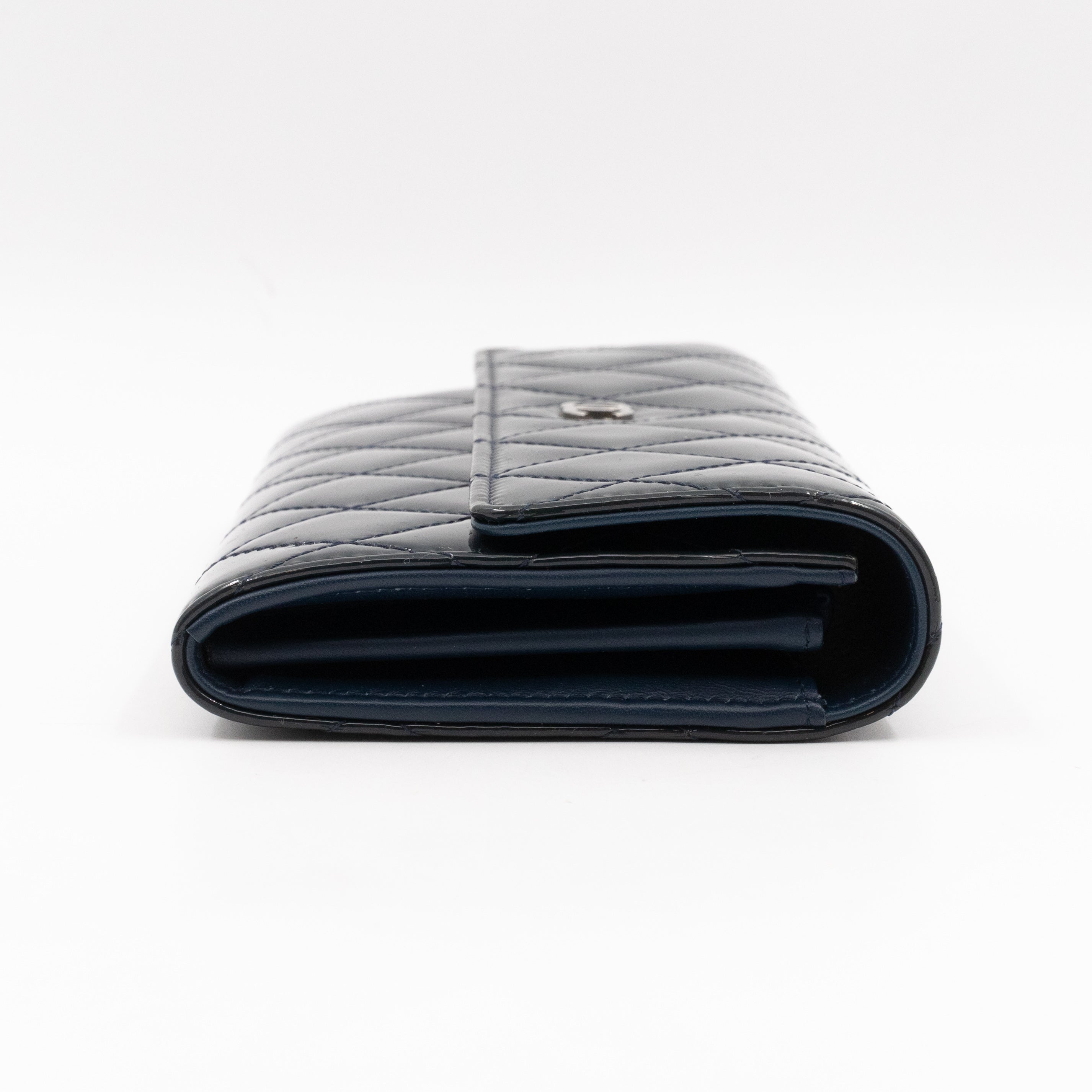 Large Flap Wallet Quilted Navy Patent Leather