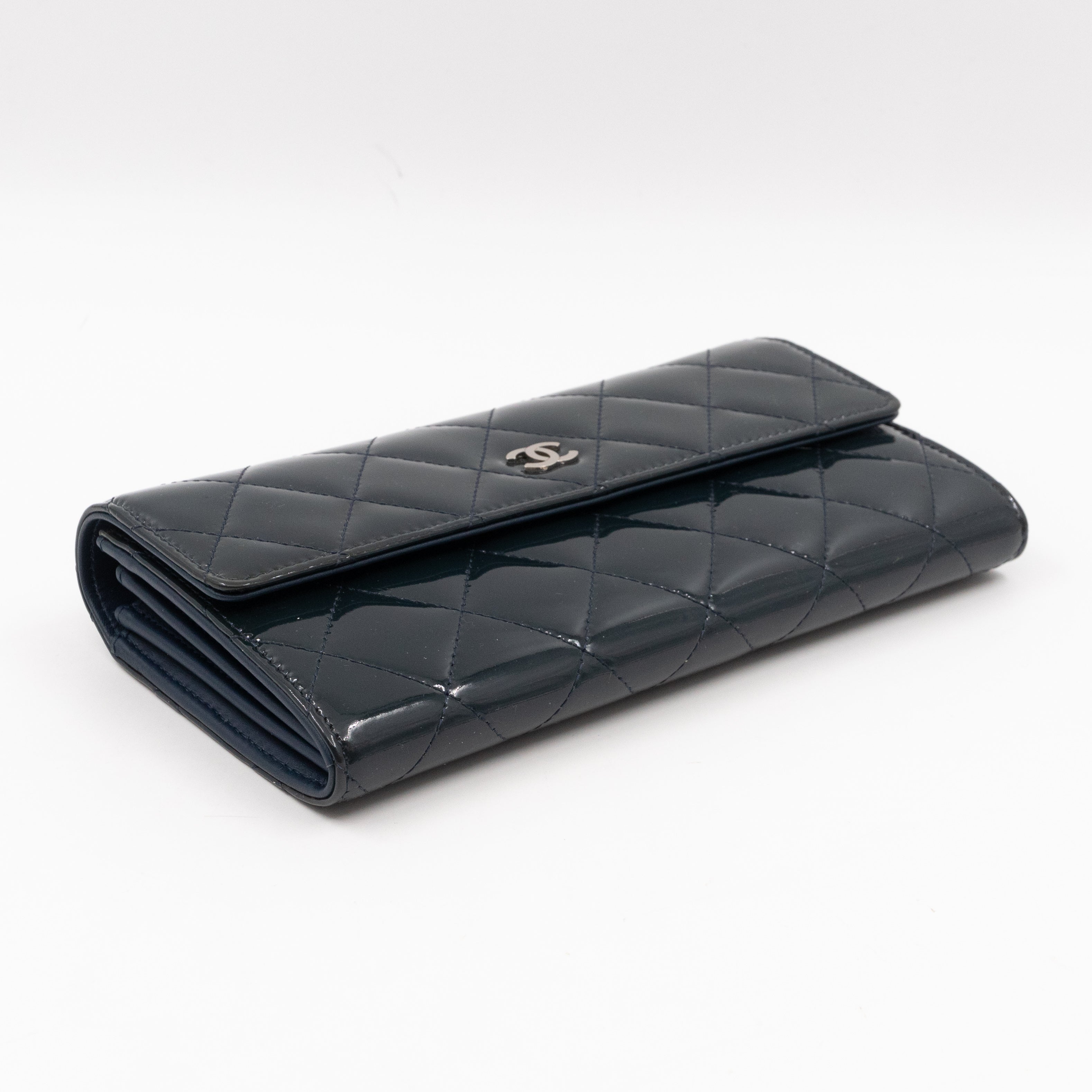 Large Flap Wallet Quilted Navy Patent Leather
