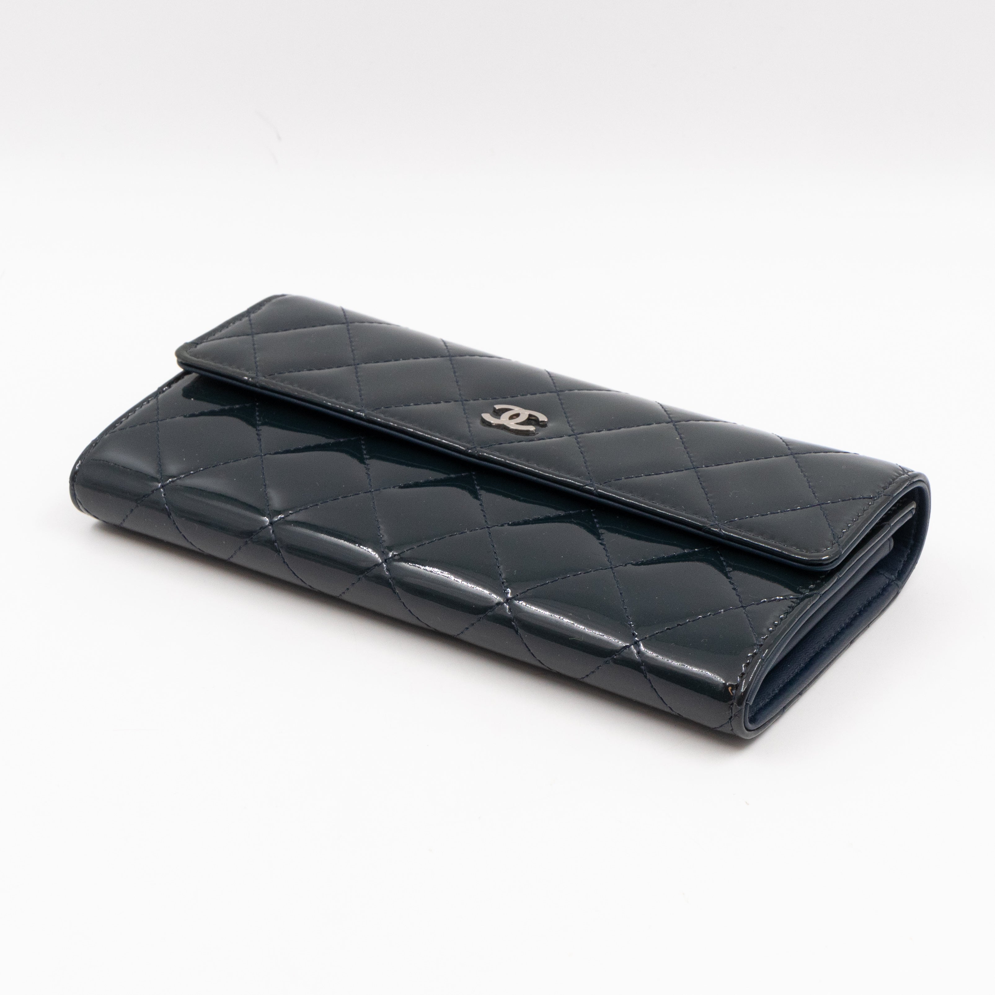 Large Flap Wallet Quilted Navy Patent Leather
