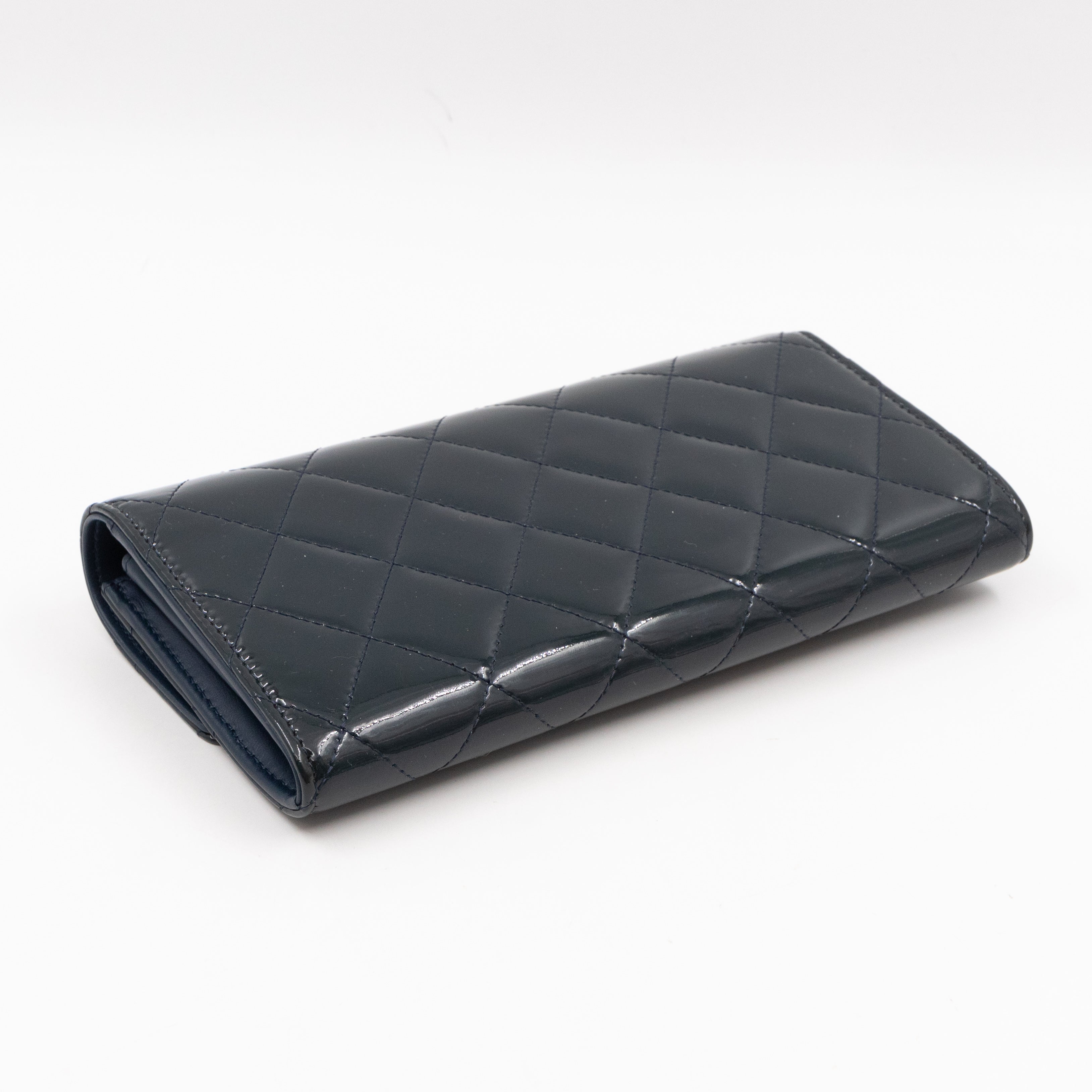 Large Flap Wallet Quilted Navy Patent Leather
