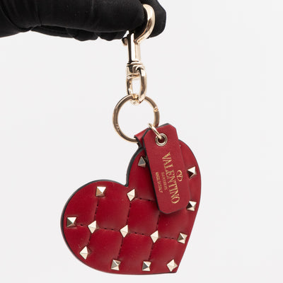 Heart Studs Charm Keychain Red Leather