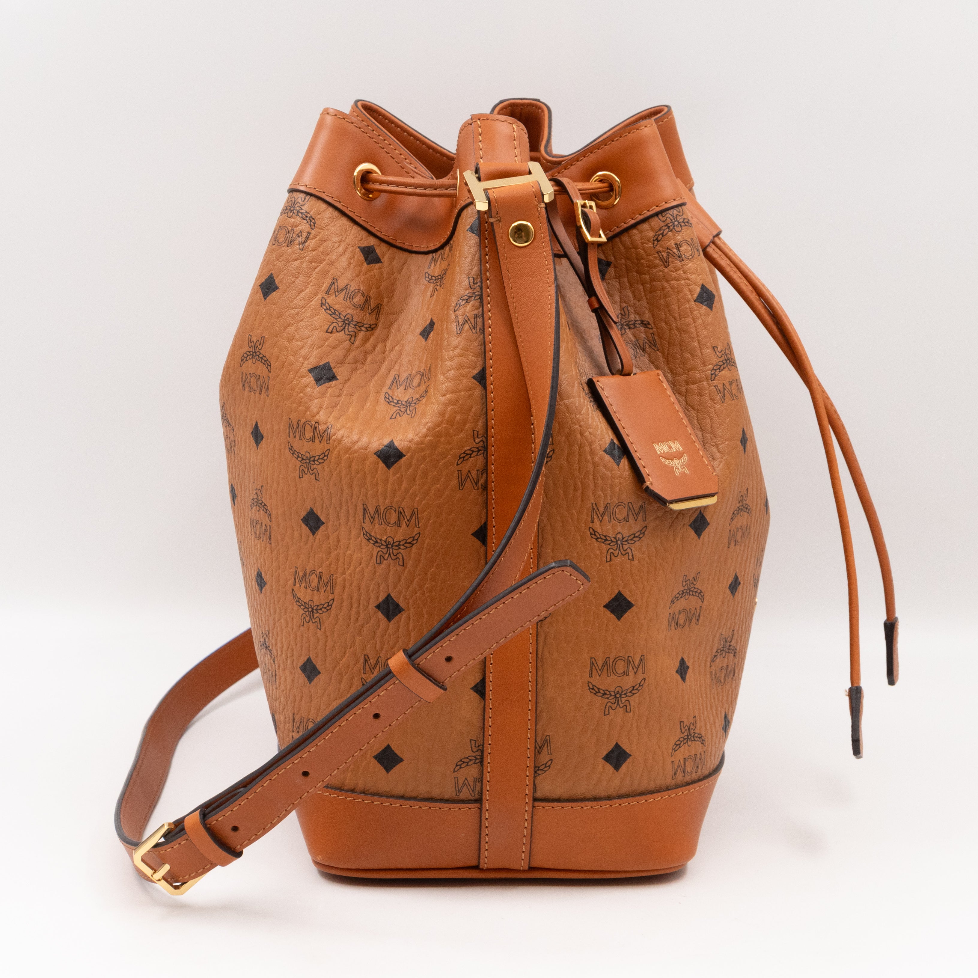 Heritage Petit Drawstring Bucket Bag Visetos Cognac