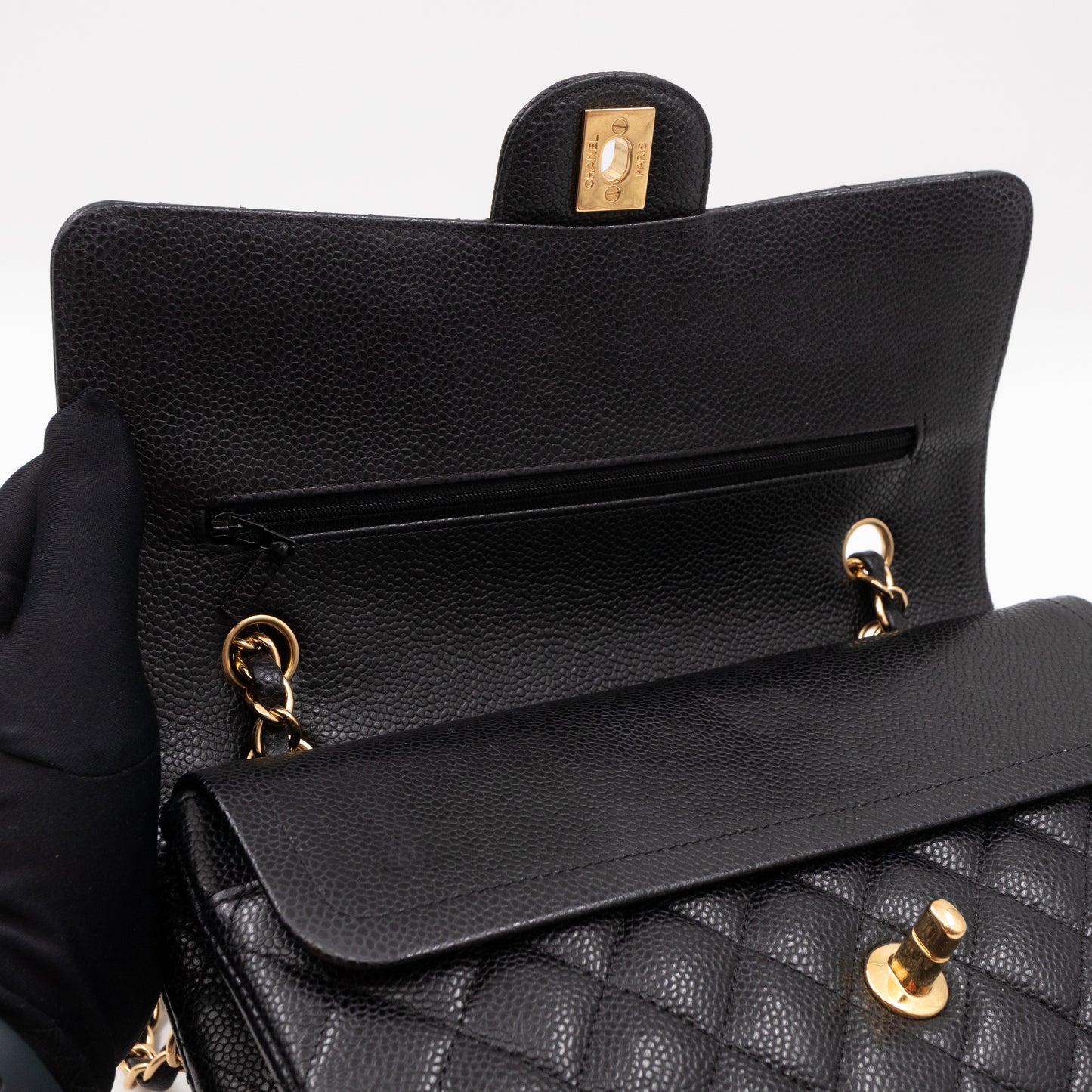 Classic Double Flap Medium Black Caviar Leather Gold