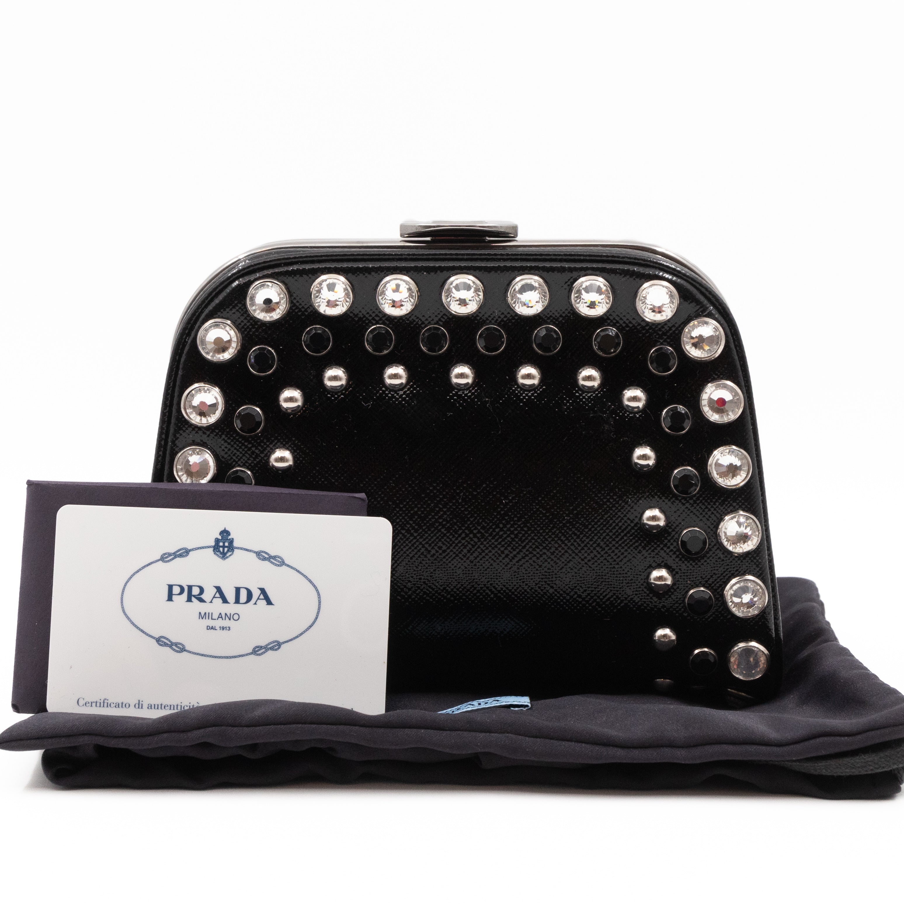 Crystal Studded Pyramid Frame Clutch Black Saffiano Vernice