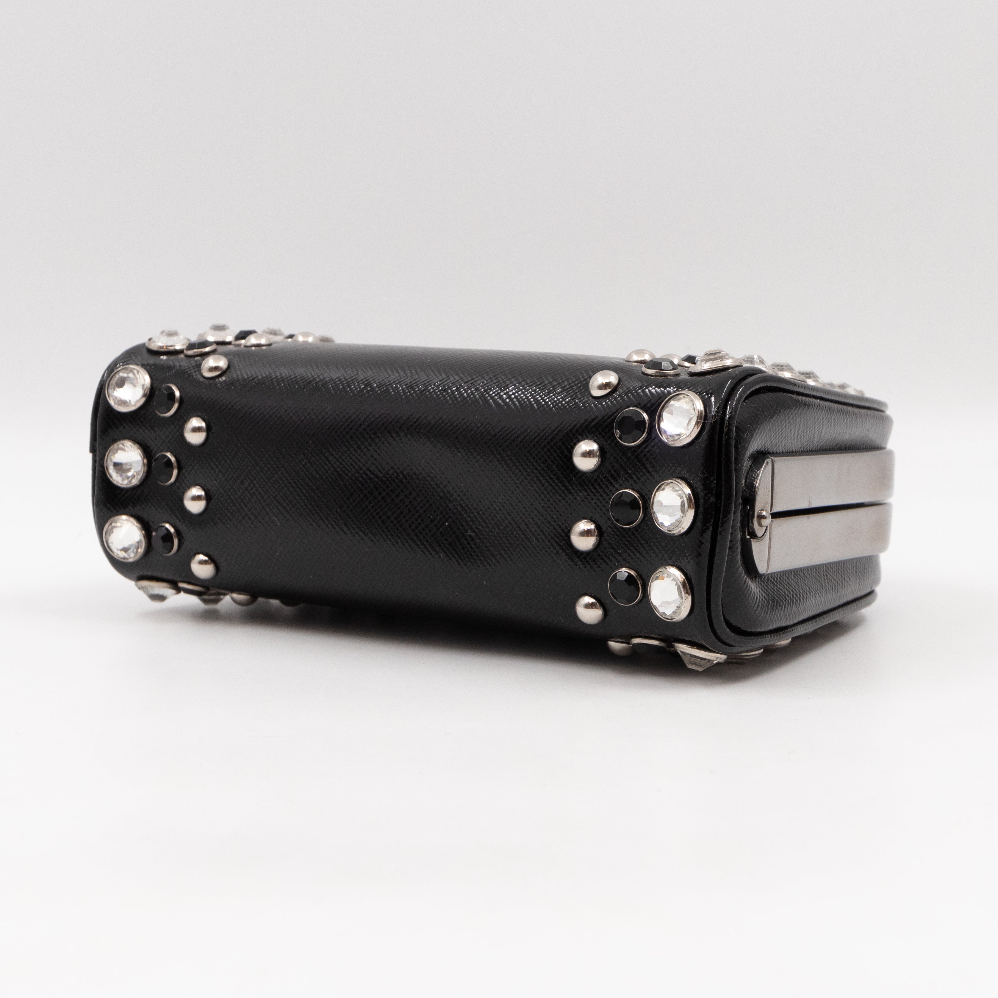Crystal Studded Pyramid Frame Clutch Black Saffiano Vernice
