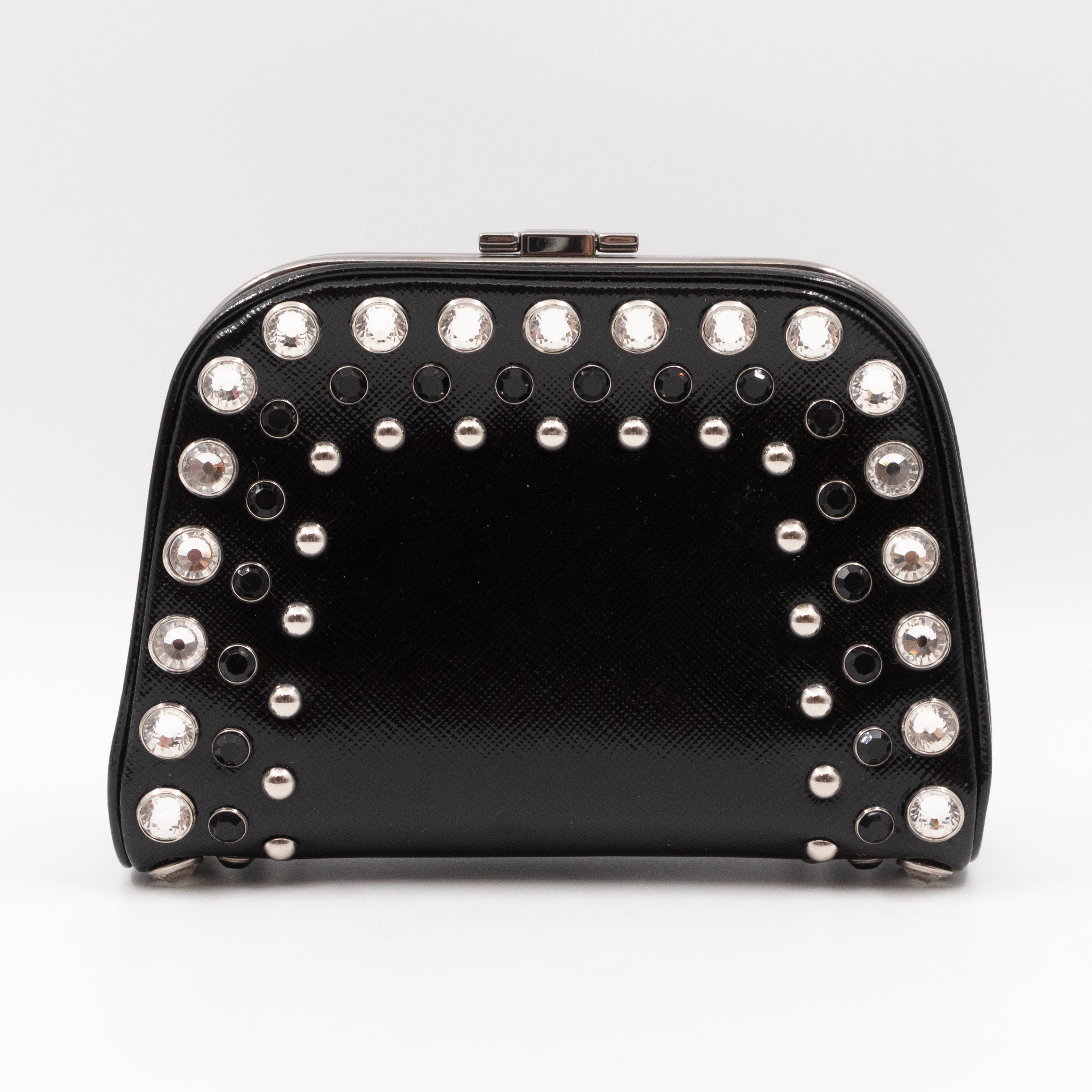 Crystal Studded Pyramid Frame Clutch Black Saffiano Vernice