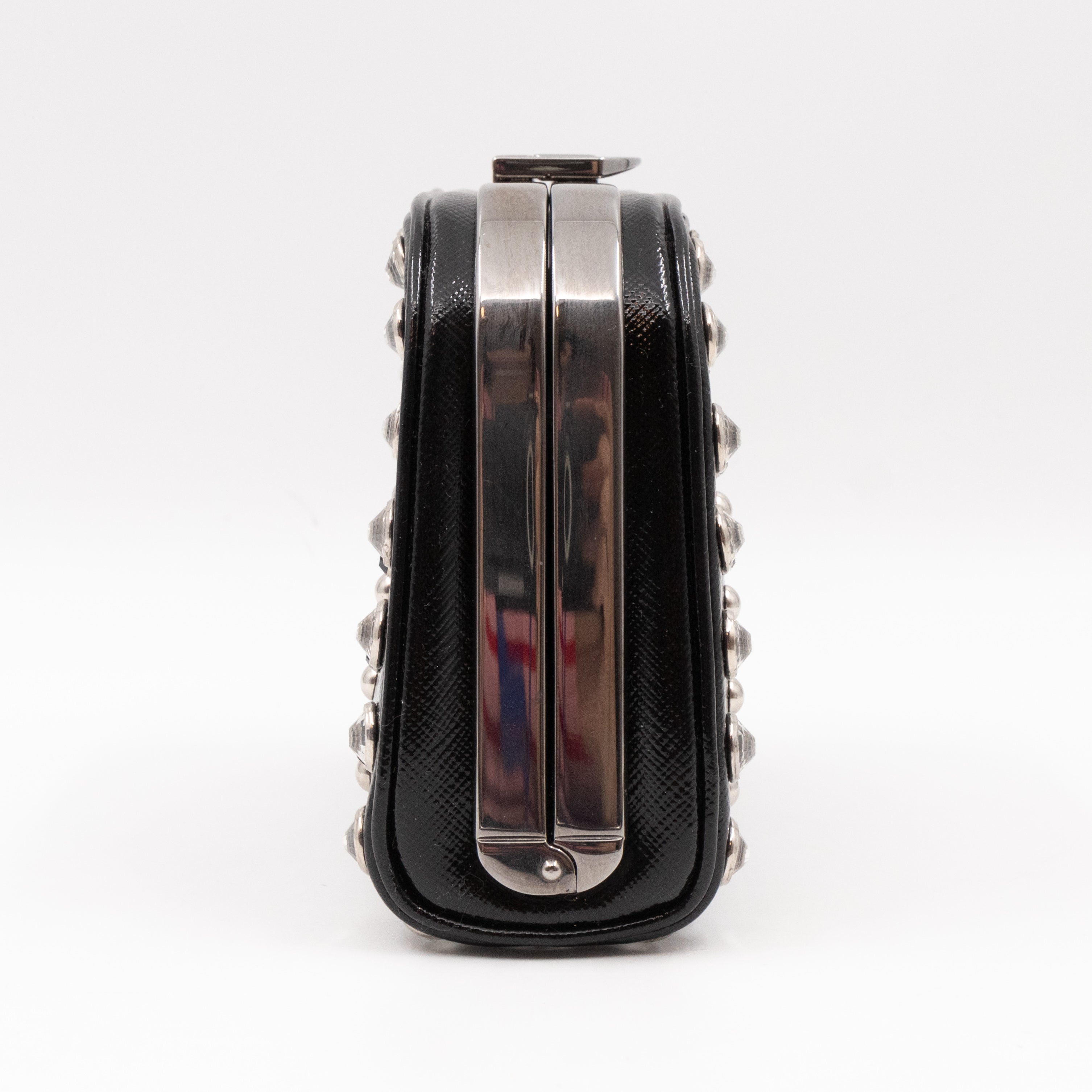 Crystal Studded Pyramid Frame Clutch Black Saffiano Vernice