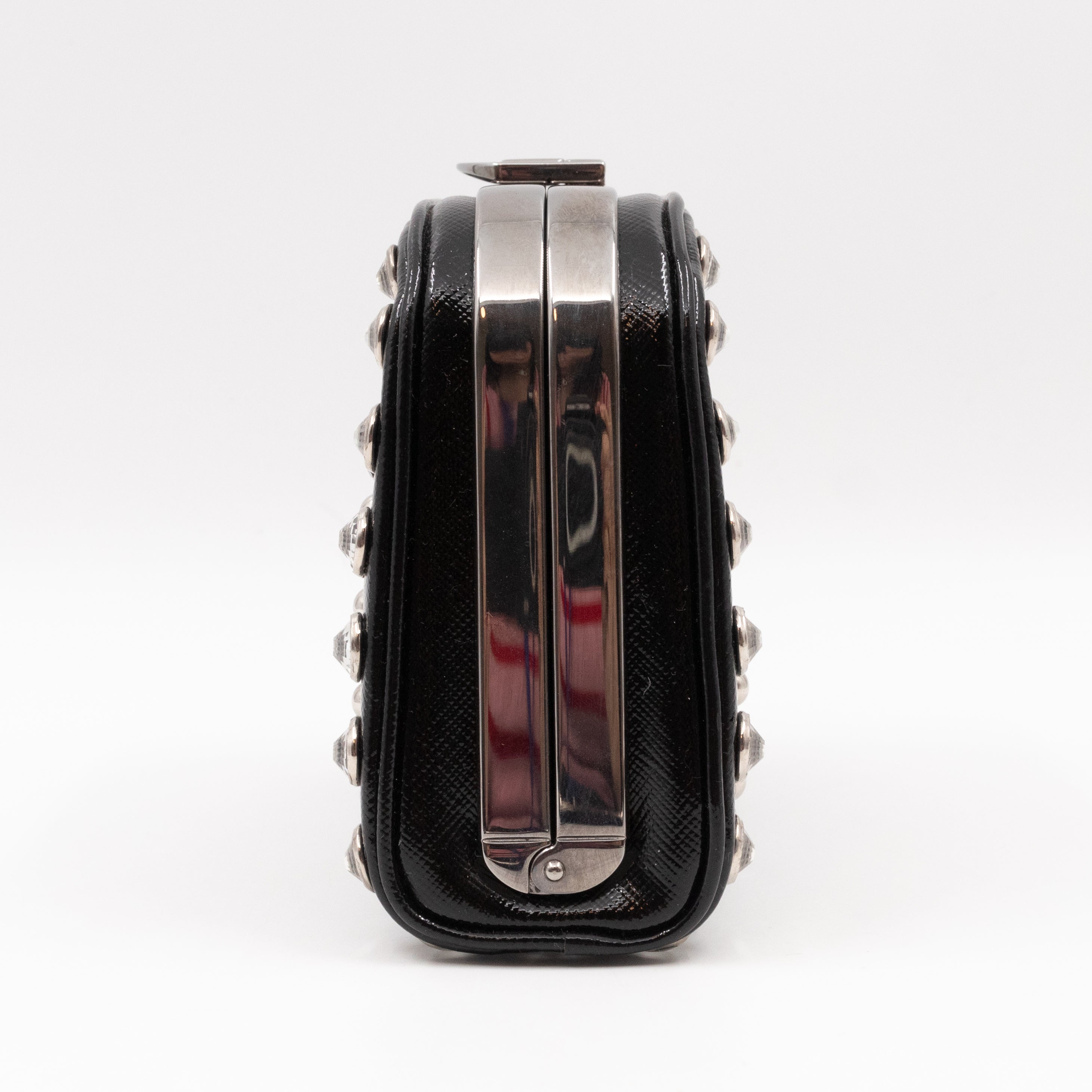 Crystal Studded Pyramid Frame Clutch Black Saffiano Vernice