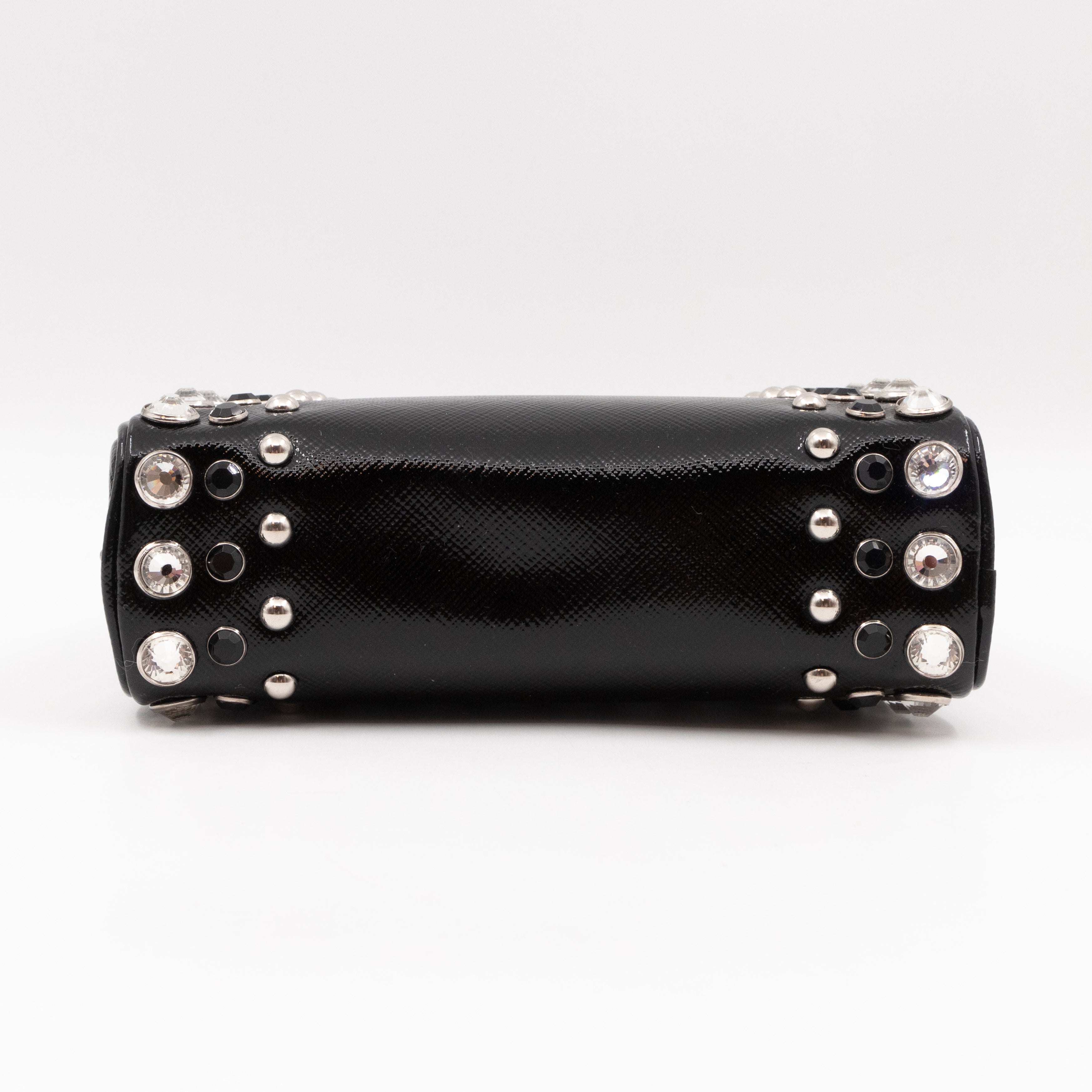 Crystal Studded Pyramid Frame Clutch Black Saffiano Vernice