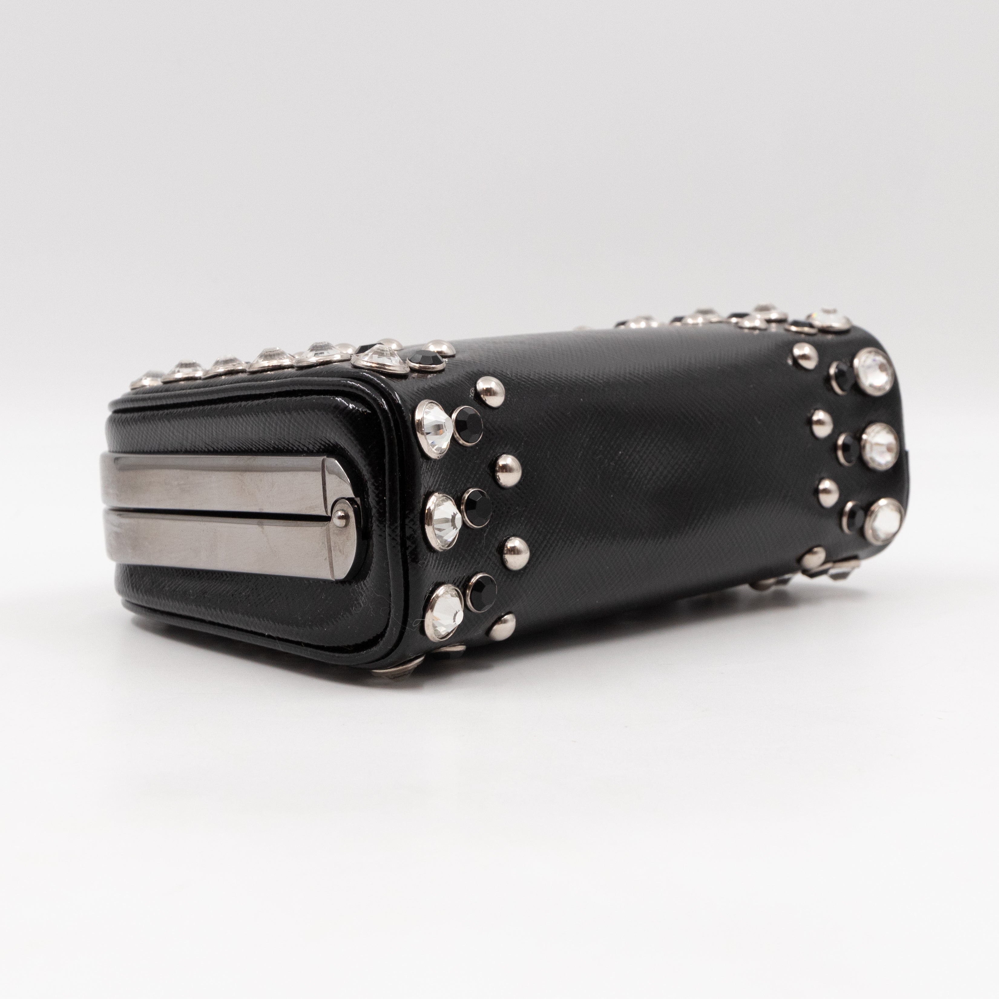 Crystal Studded Pyramid Frame Clutch Black Saffiano Vernice