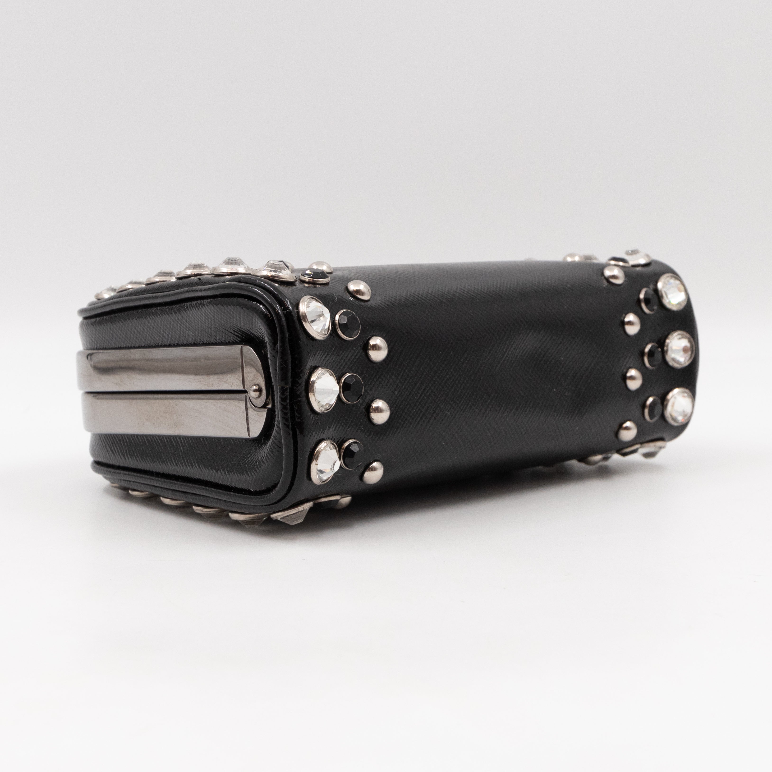 Crystal Studded Pyramid Frame Clutch Black Saffiano Vernice