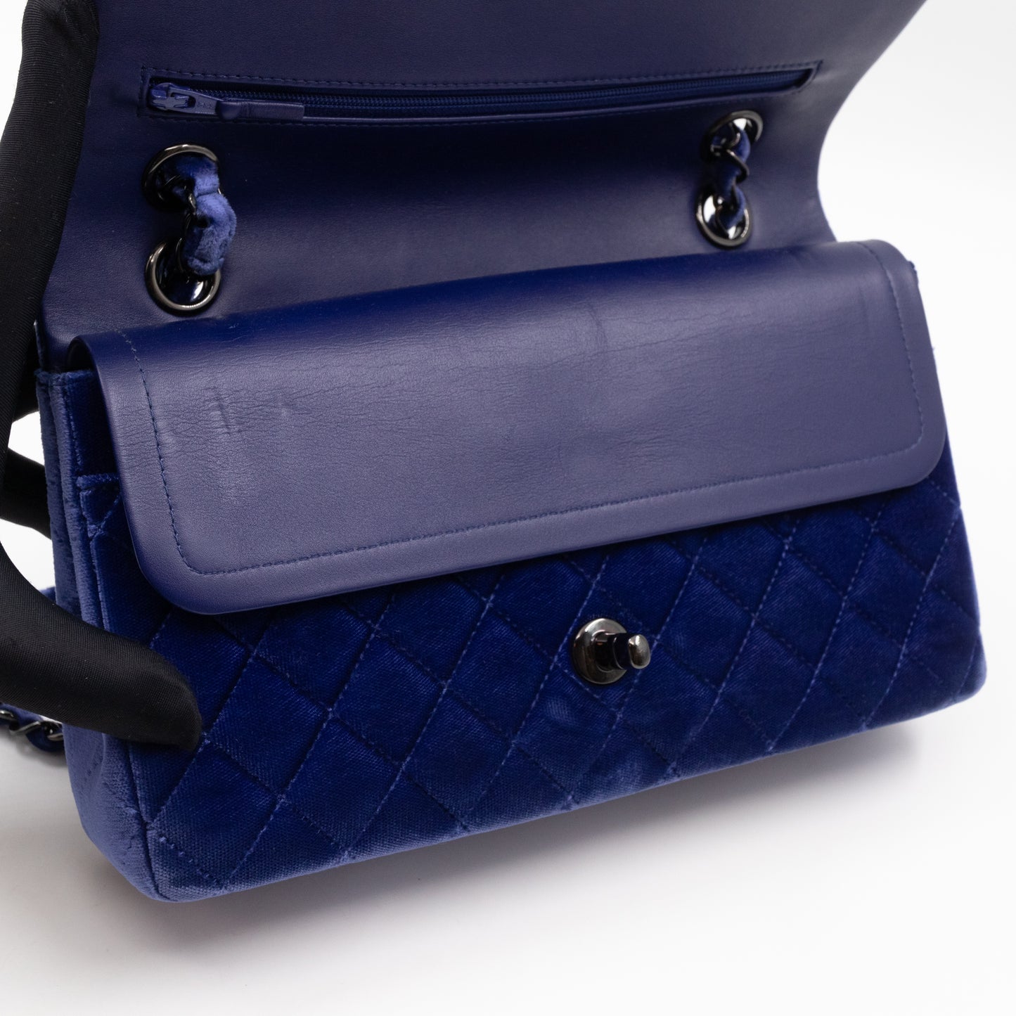 Classic Double Flap Small Navy Blue Velvet Gun Metal