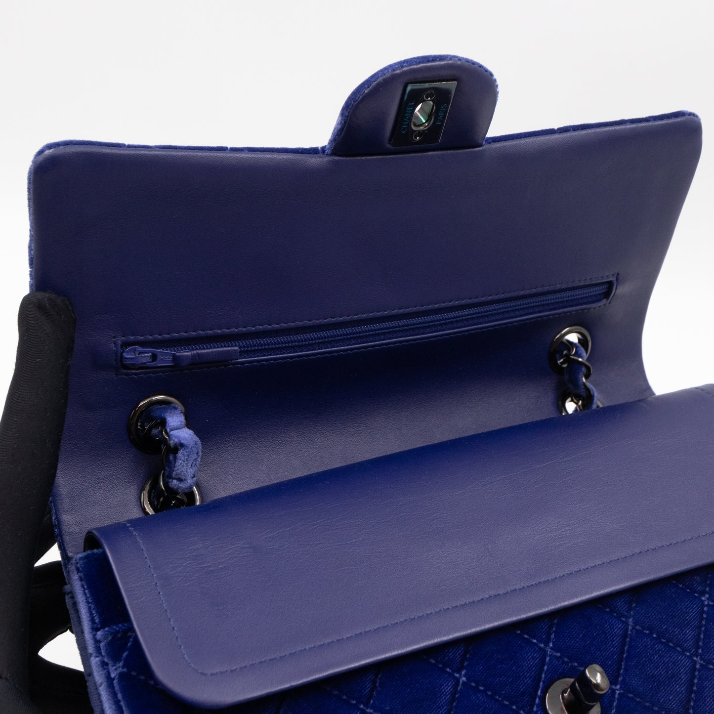 Classic Double Flap Small Navy Blue Velvet Gun Metal