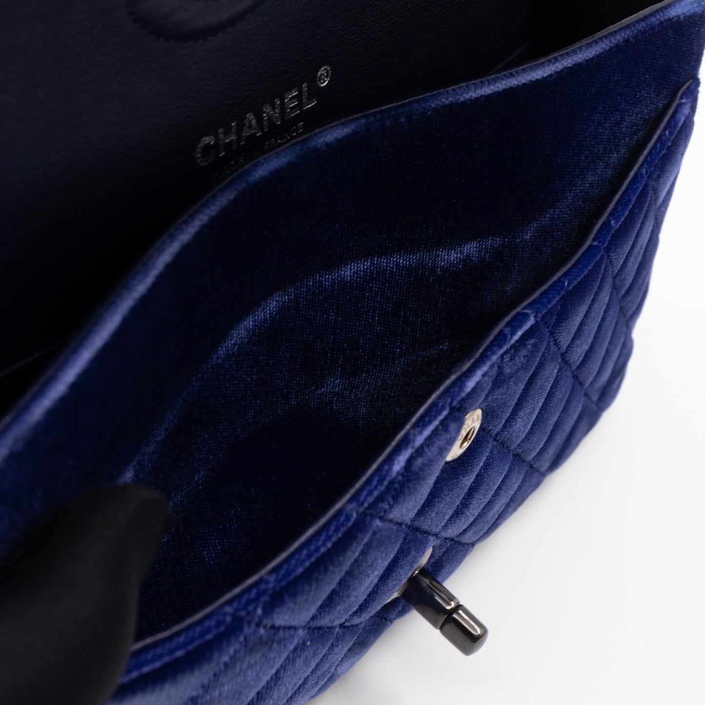 Classic Double Flap Small Navy Blue Velvet Gun Metal