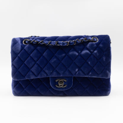 Classic Double Flap Small Navy Blue Velvet Gun Metal