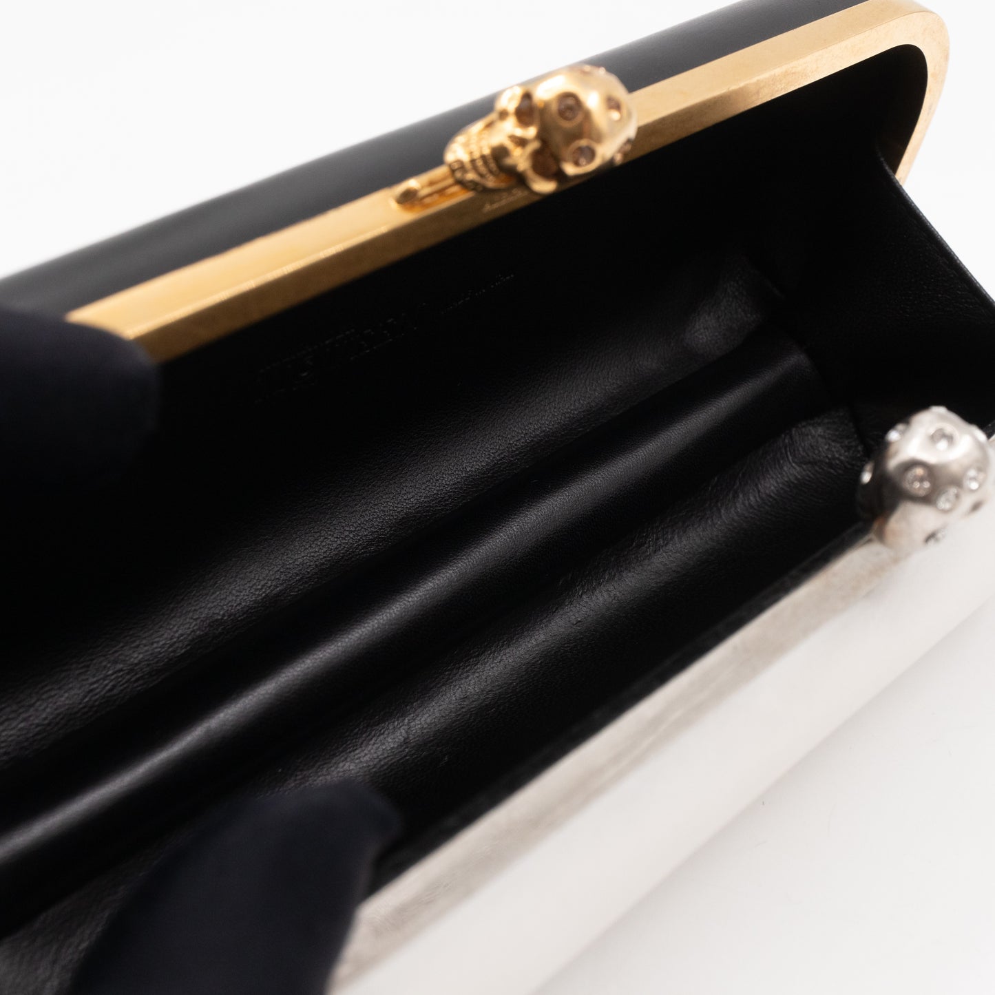 Twin Long Skull Clutch Black & White Leather