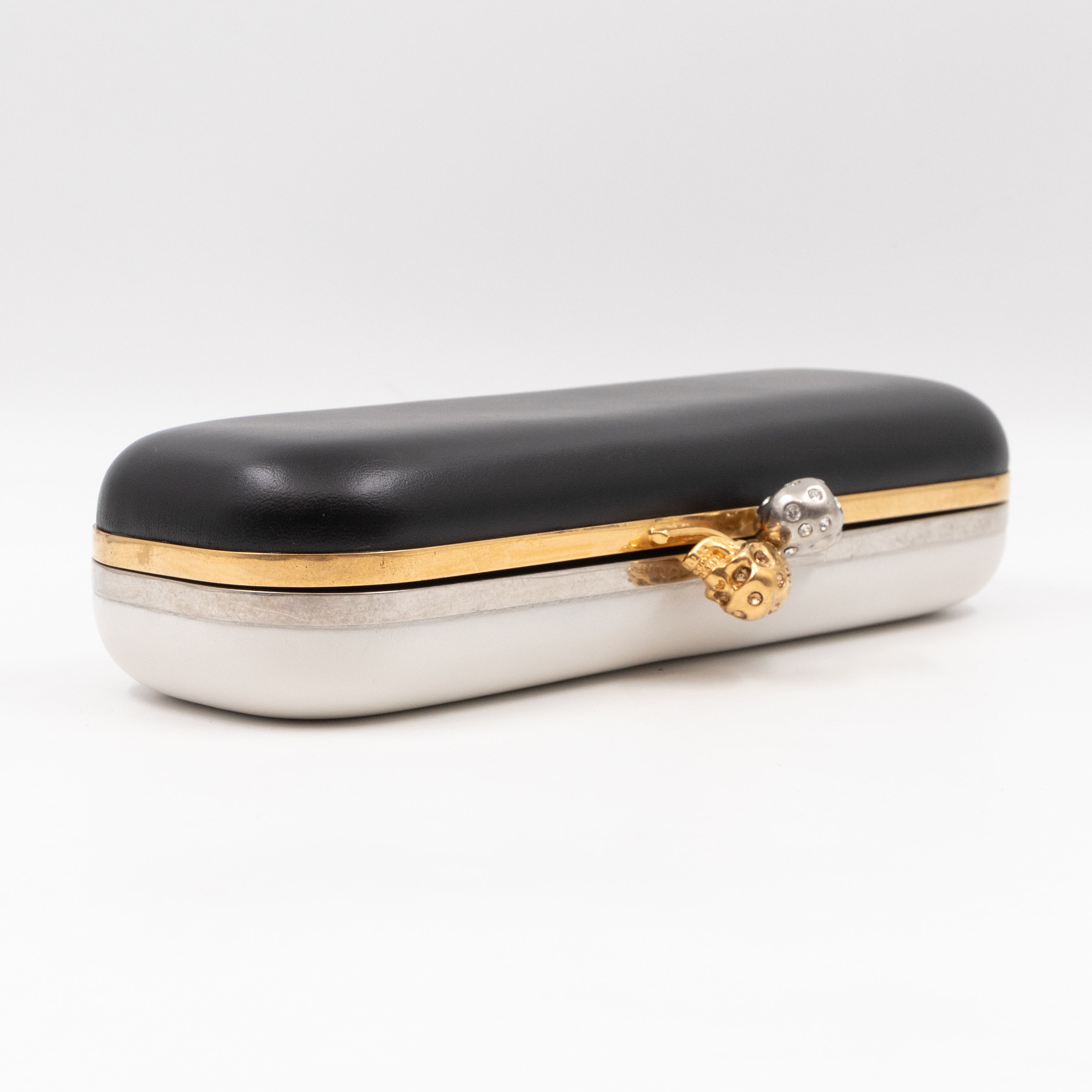 Twin Long Skull Clutch Black & White Leather