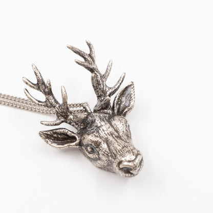 Deer Head Long Necklace Metal Vintage Silver