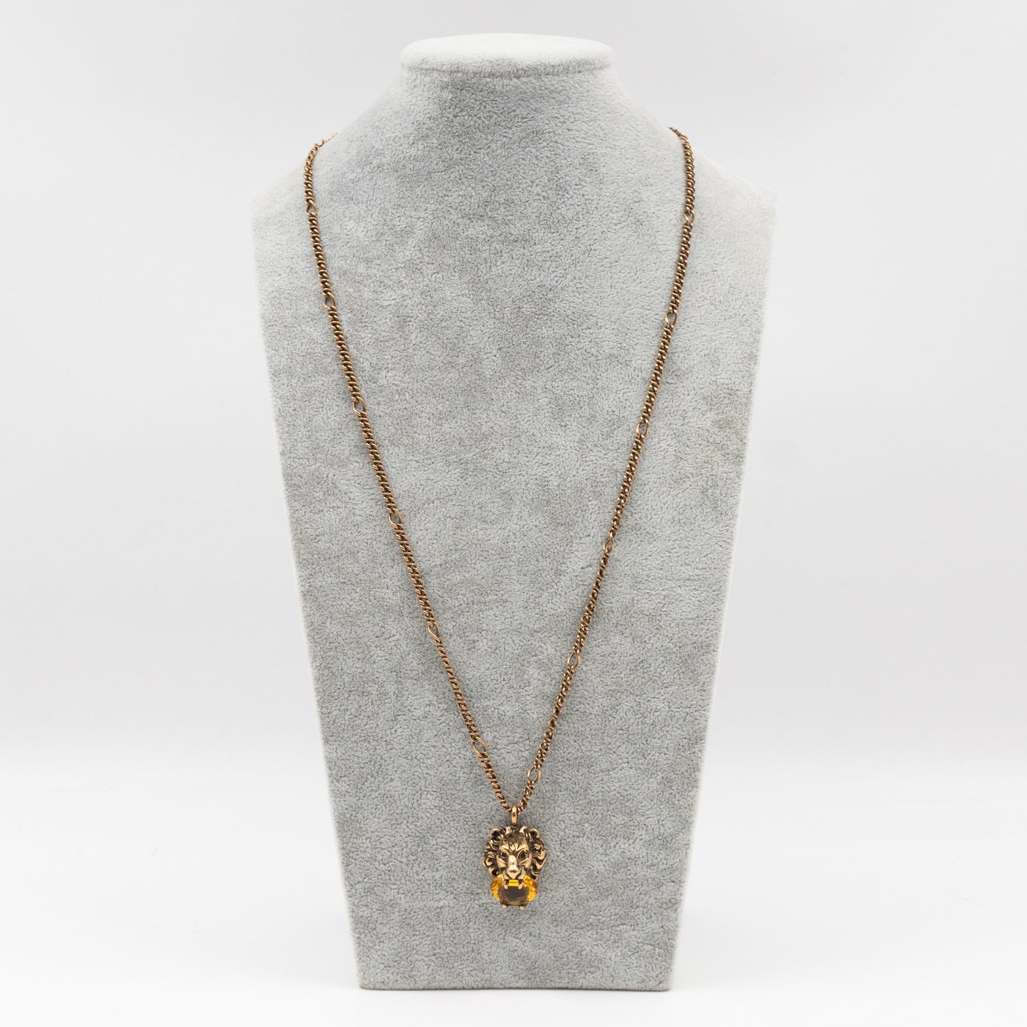 Lion Head Crystal Necklace Aged Gold