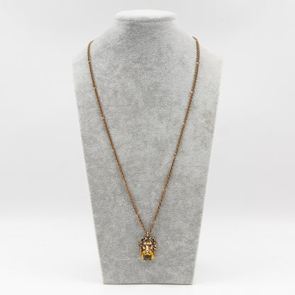 Lion Head Crystal Necklace Aged Gold