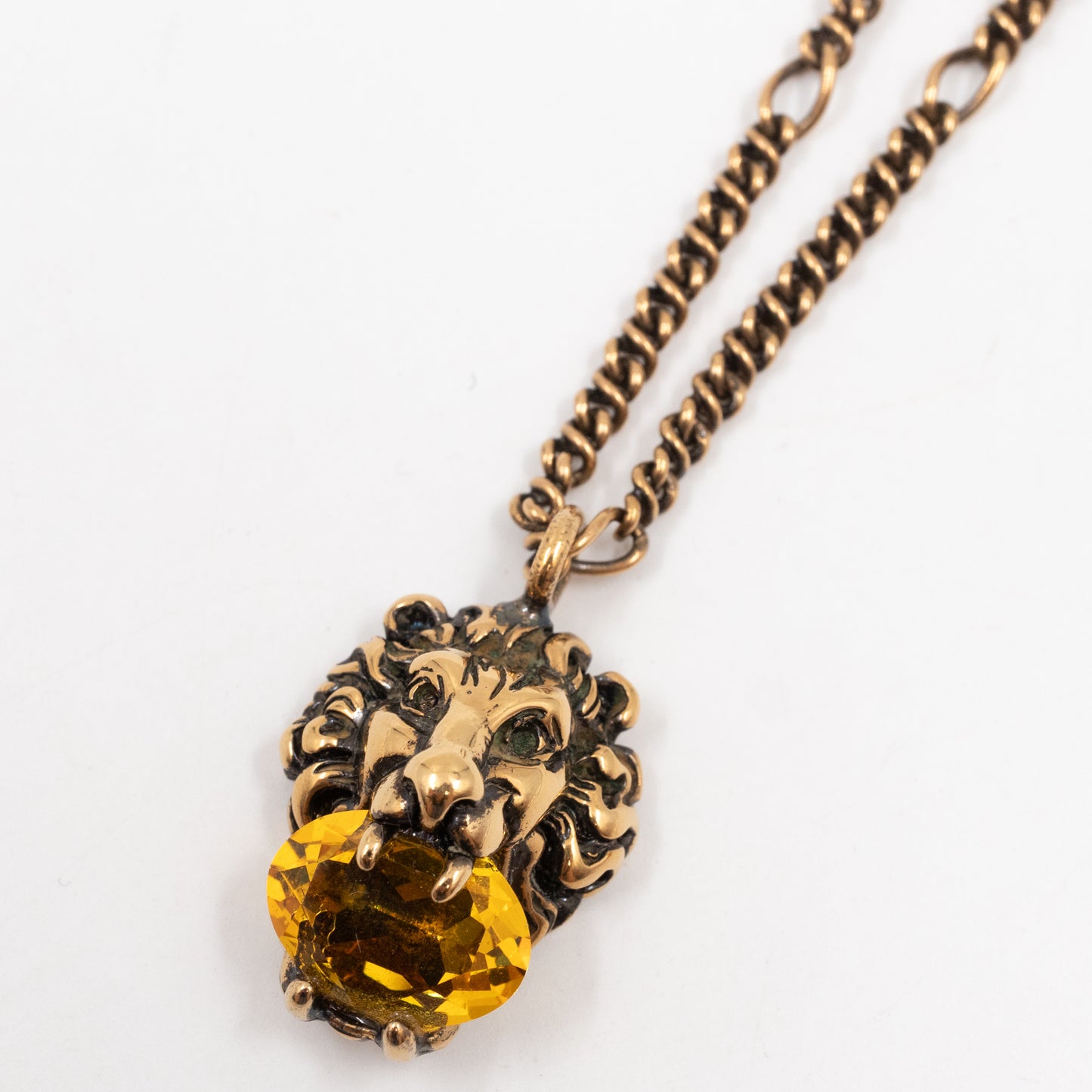 Lion Head Crystal Necklace Aged Gold