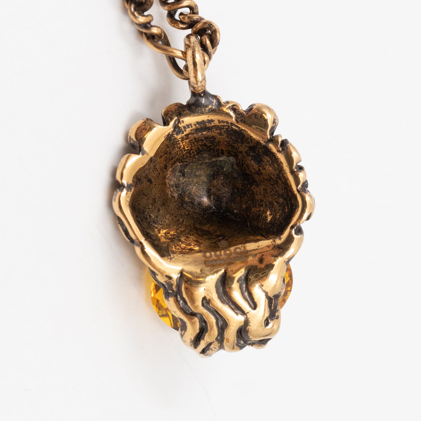 Lion Head Crystal Necklace Aged Gold