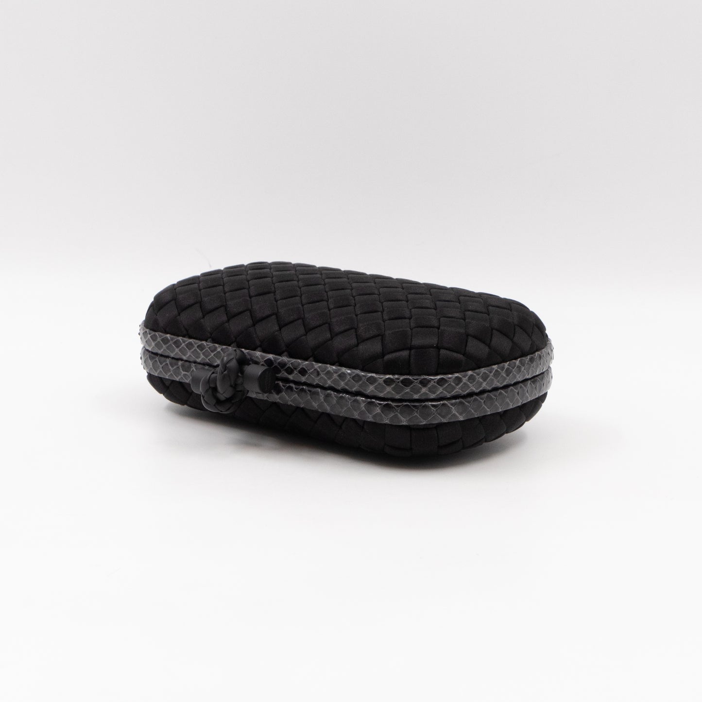 Knot Clutch Black Satin Intrecciato Python Edge