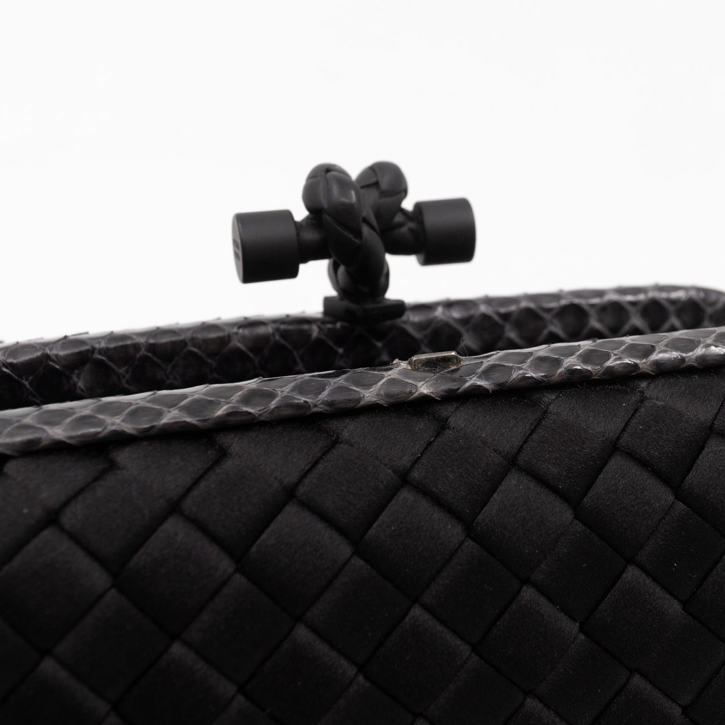 Knot Clutch Black Satin Intrecciato Python Edge