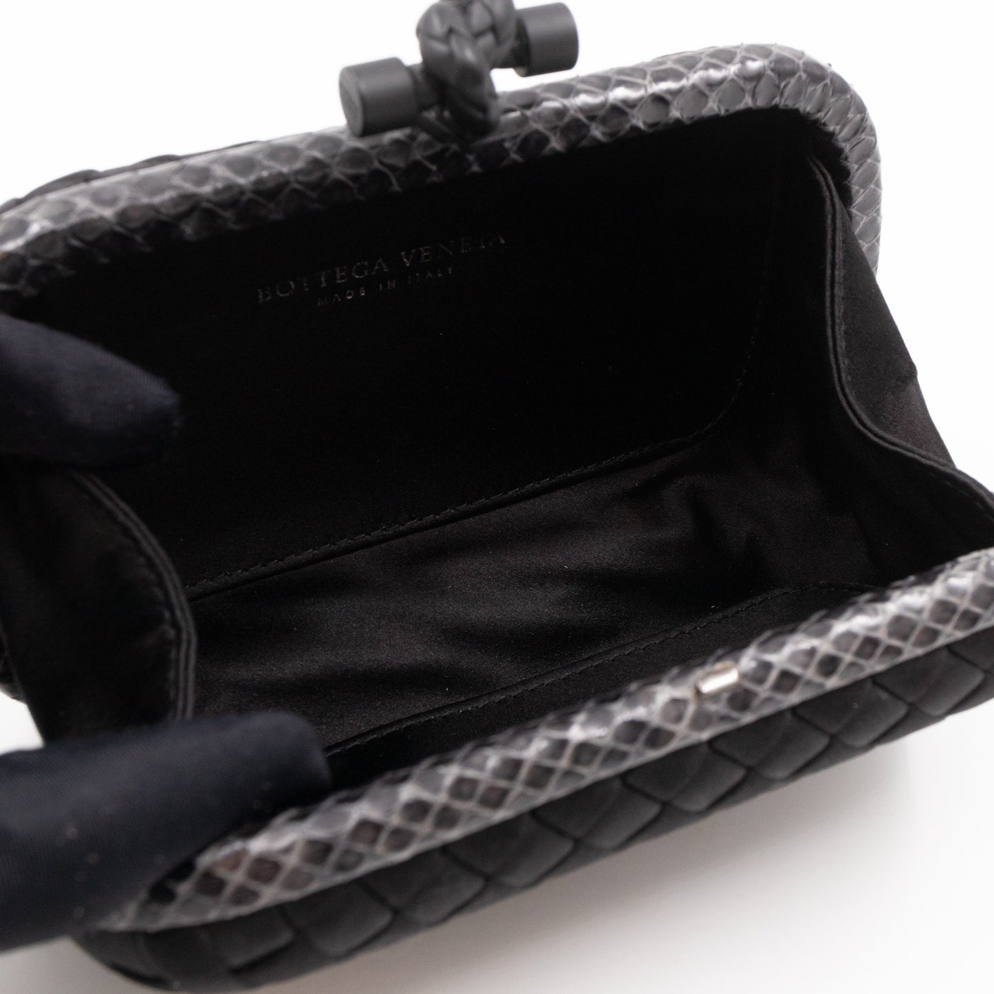 Knot Clutch Black Satin Intrecciato Python Edge