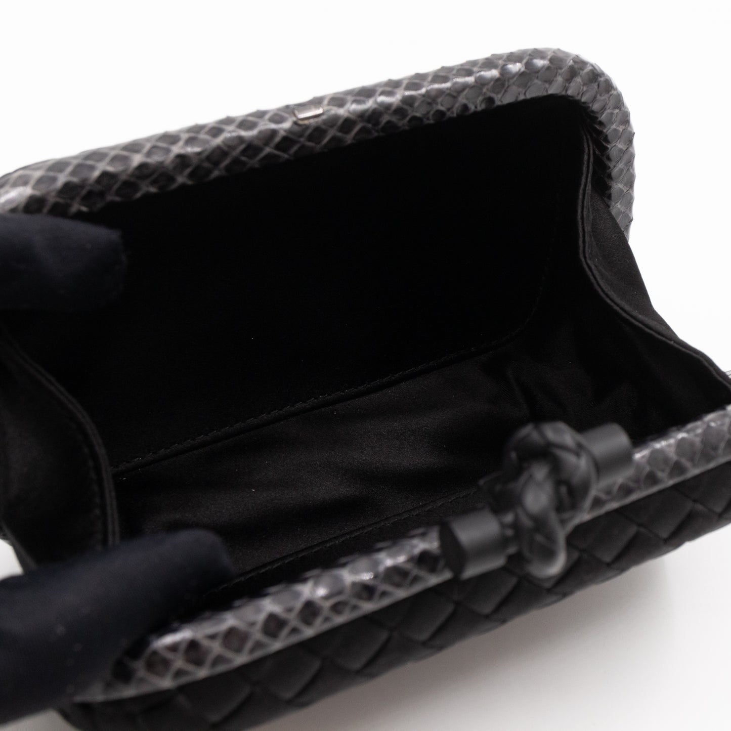 Knot Clutch Black Satin Intrecciato Python Edge