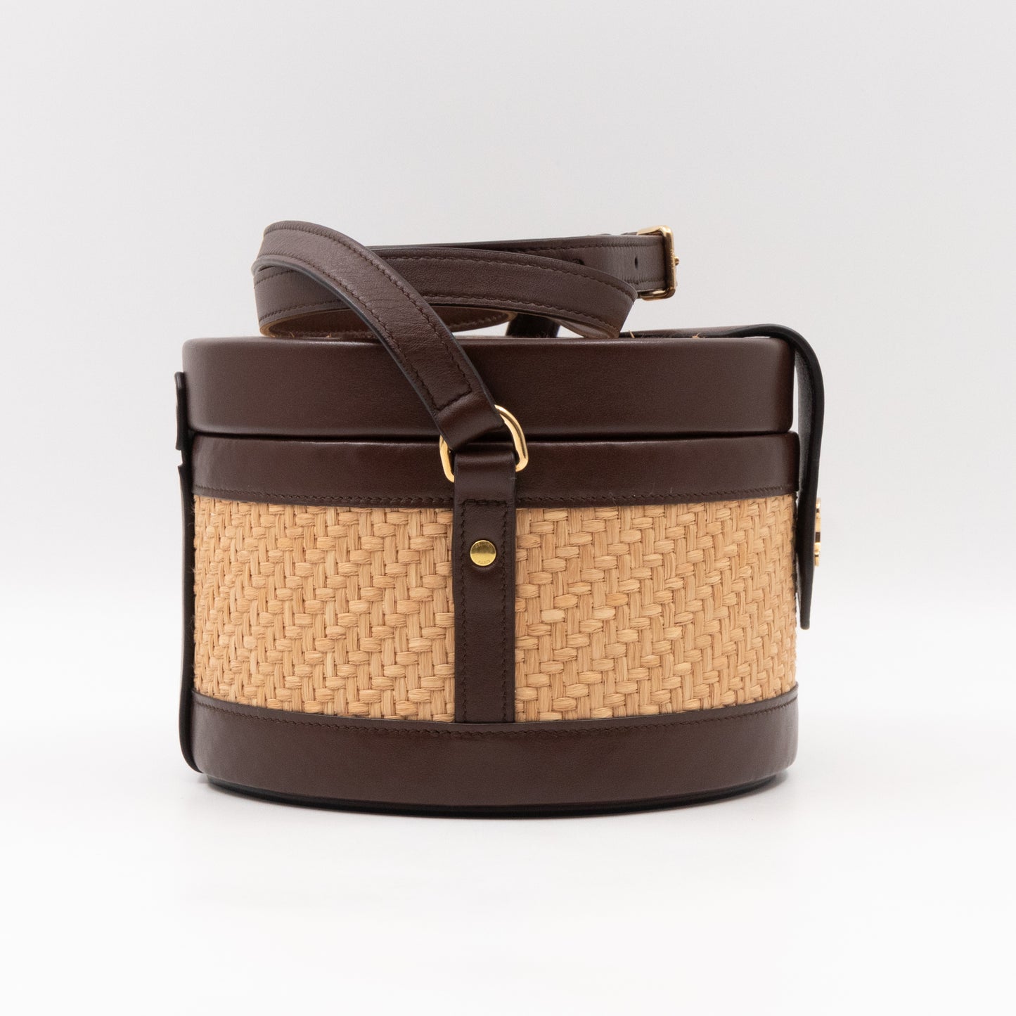 Triomphe Medium Tambour Bag Natural Raffia Brown Calfskin