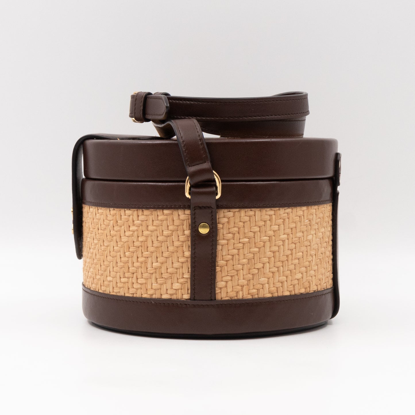 Triomphe Medium Tambour Bag Natural Raffia Brown Calfskin