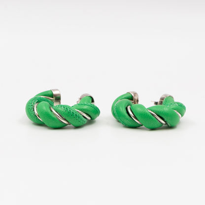 Twist Earrings Green Leather 925 Silver