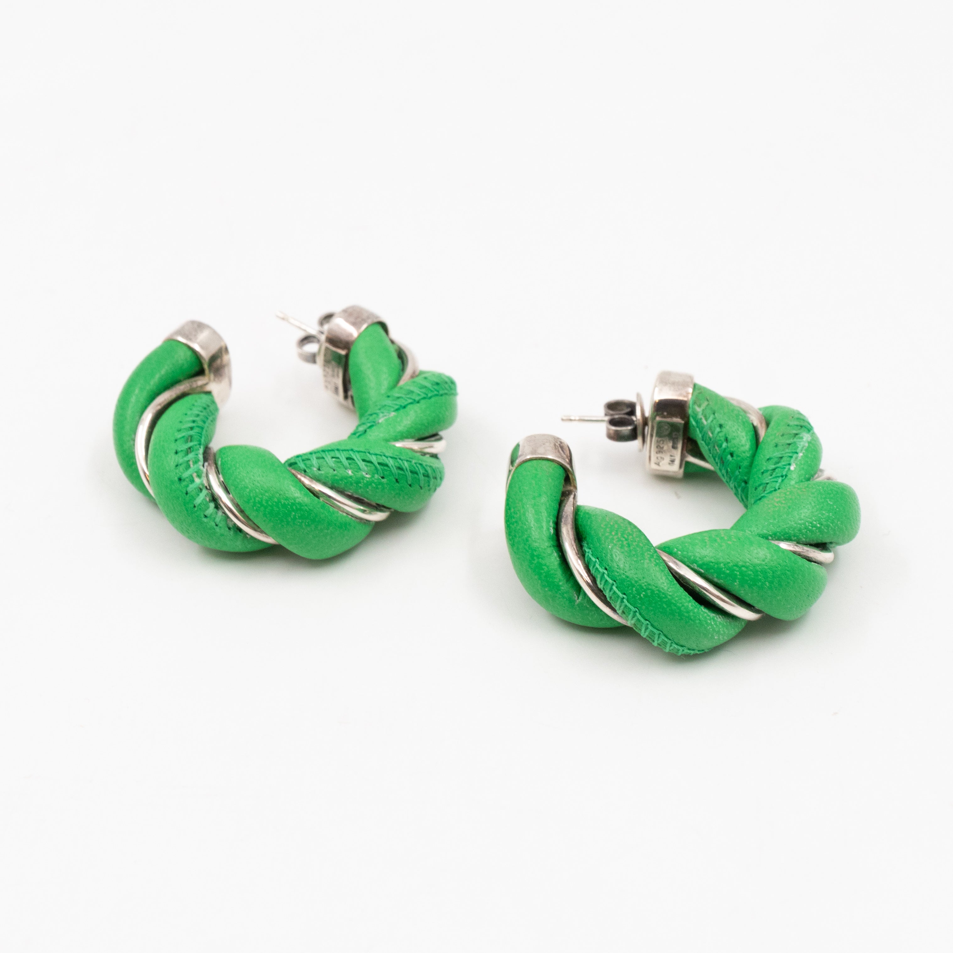 Twist Earrings Green Leather 925 Silver