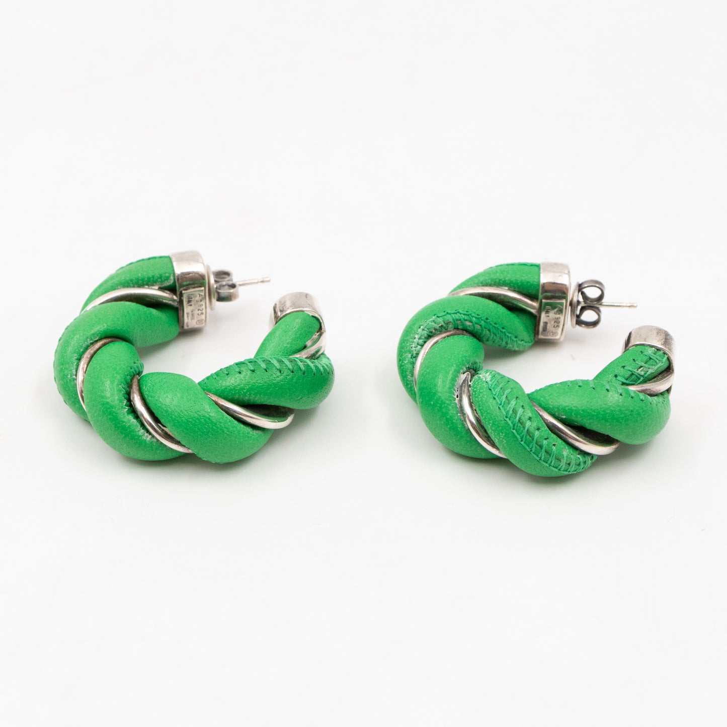 Twist Earrings Green Leather 925 Silver