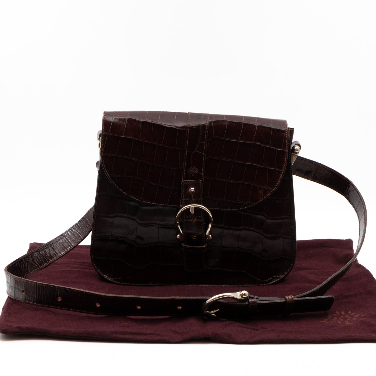 Crossbody Bag Croc Embossed Leather Burgundy & Silver