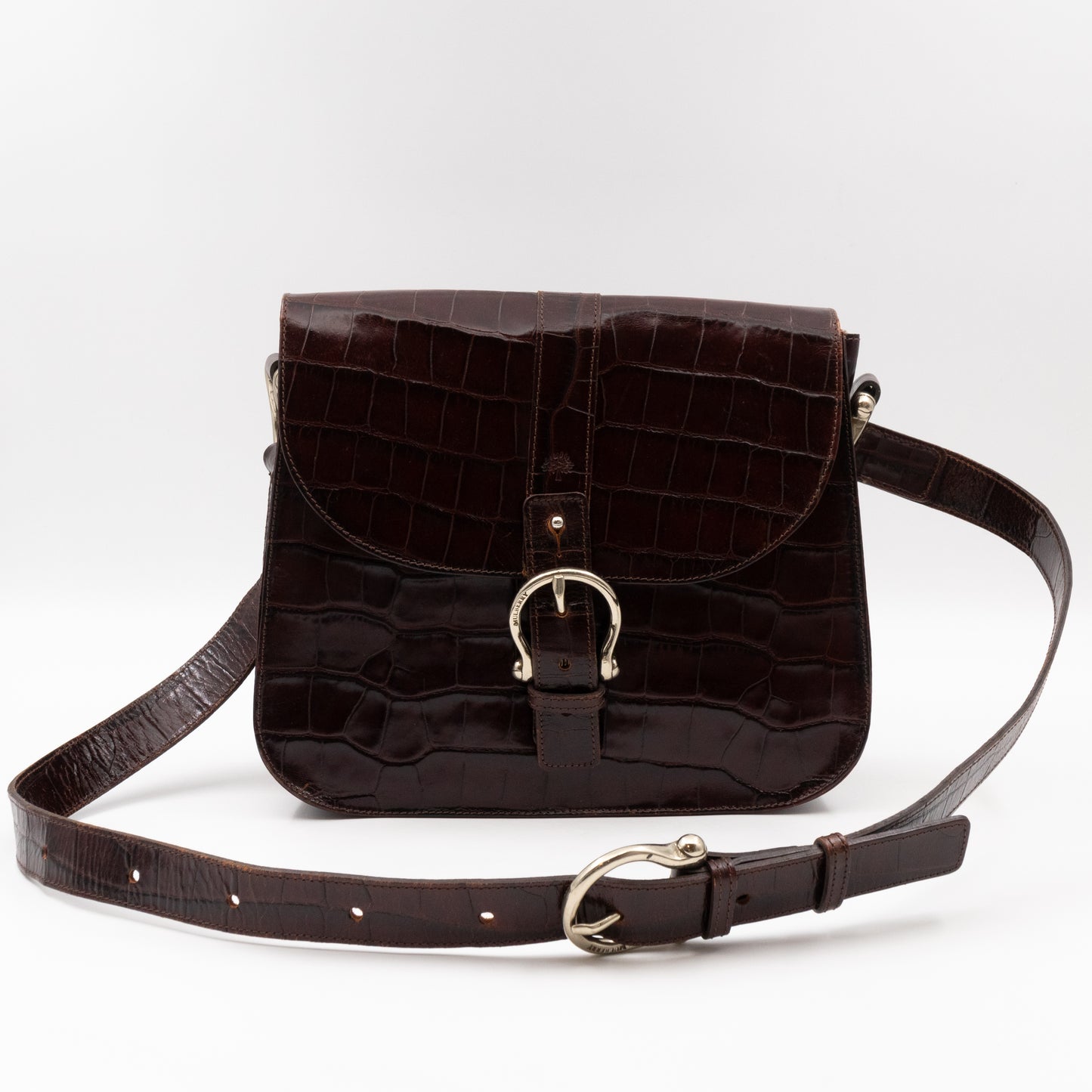 Crossbody Bag Croc Embossed Leather Burgundy & Silver