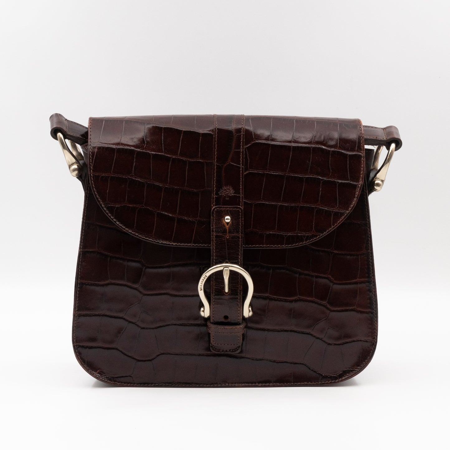 Crossbody Bag Croc Embossed Leather Burgundy & Silver